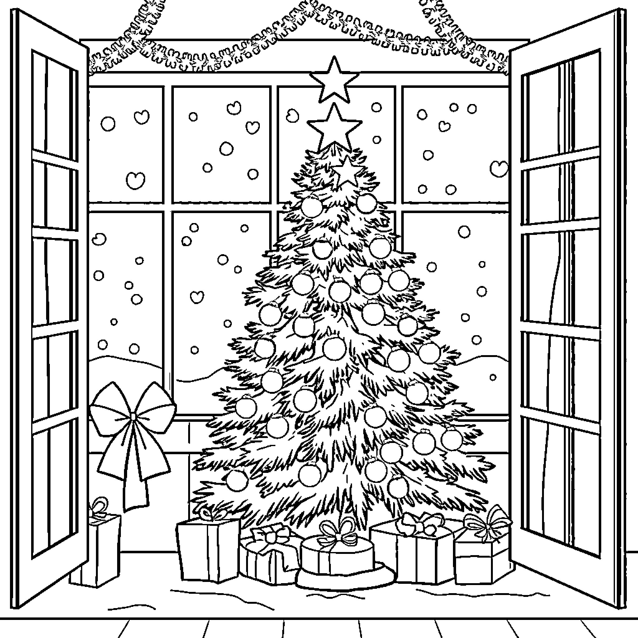 Christmas scene with decorated tree and presents Coloring Page (free black-and-white line drawing printable PDF for all, from beginners to advanced learners, including children, teens, adults, and seniors)