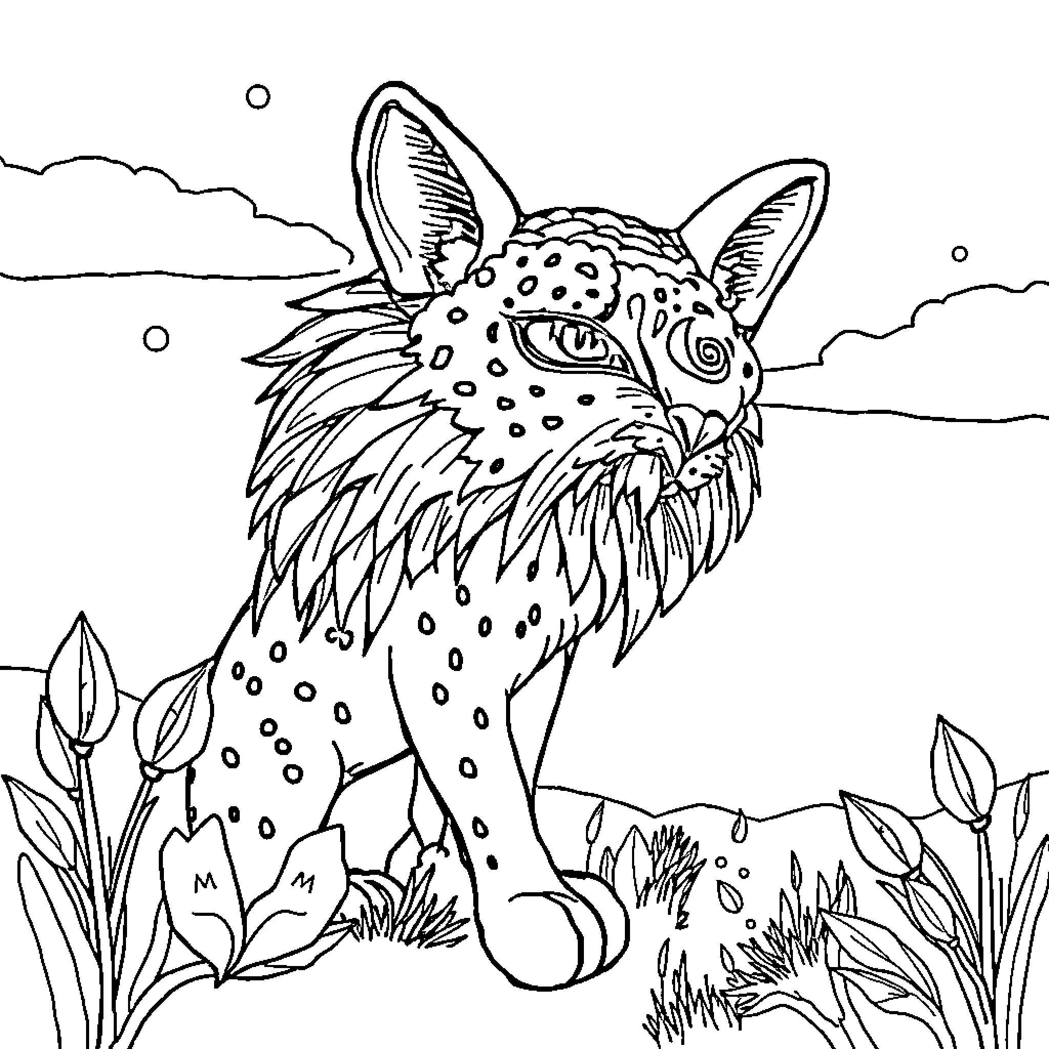 Batman Lynx Stalking Through the Wilderness Coloring Page (free black-and-white line drawing printable PDF for all, from beginners to advanced learners, including children, teens, adults, and seniors)