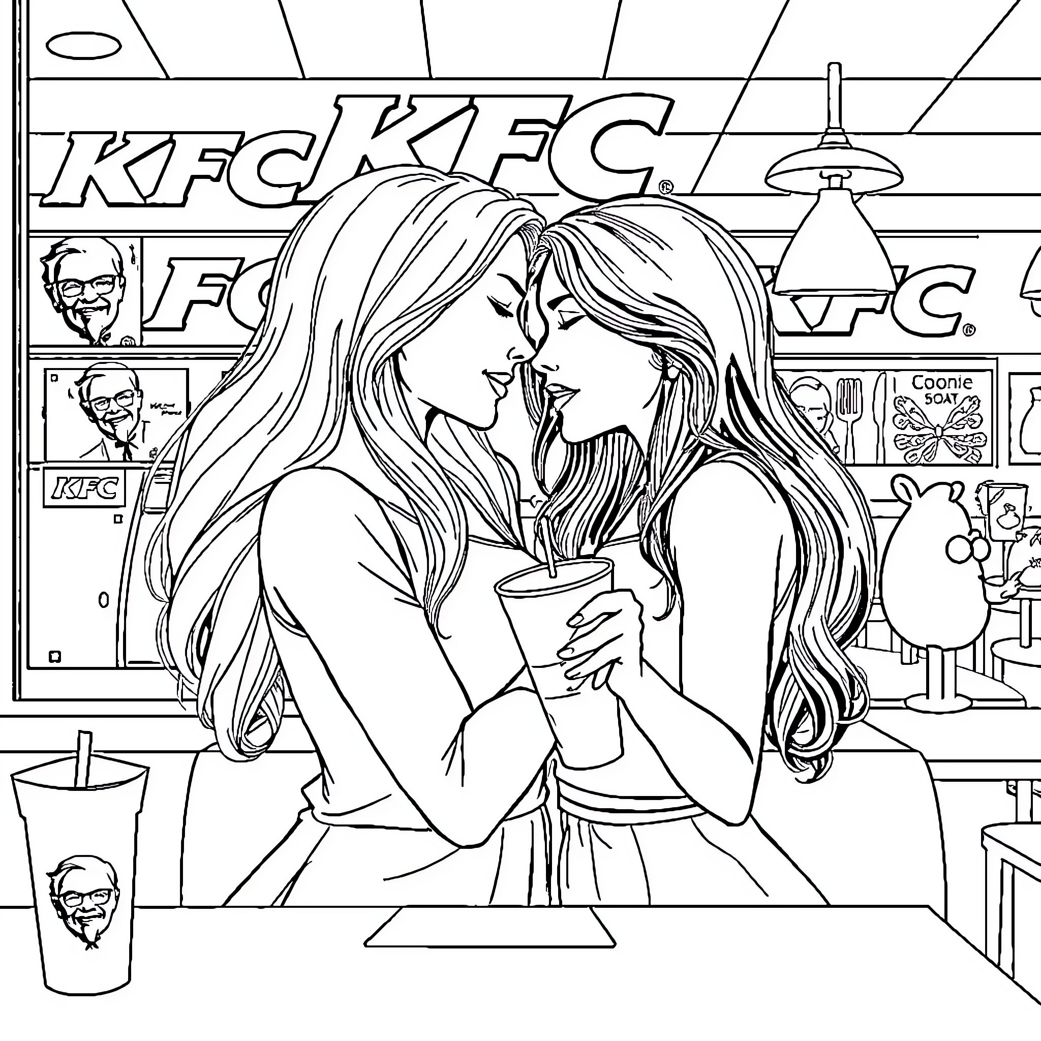 Lesbian Couple Sharing an Intimate Moment in a Fast Food Restaurant Coloring Page (free black-and-white line drawing printable PDF for all, from beginners to advanced learners, including children, teens, adults, and seniors)