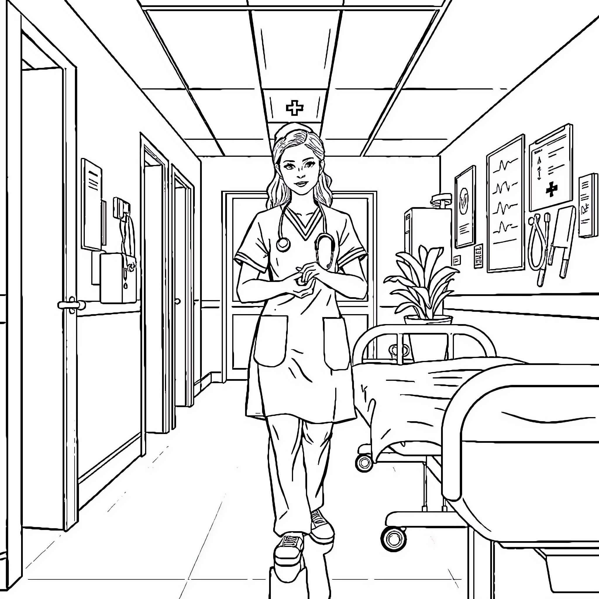 Nurse caring for patients in hospital ward Coloring Page (free black-and-white line drawing printable PDF for all, from beginners to advanced learners, including children, teens, adults, and seniors)