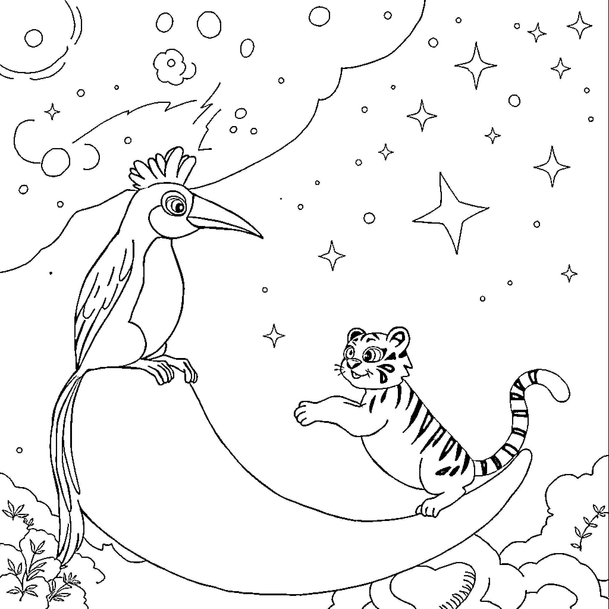 Penguin and tiger playing under the starry night Coloring Page (free black-and-white line drawing printable PDF for all, from beginners to advanced learners, including children, teens, adults, and seniors)