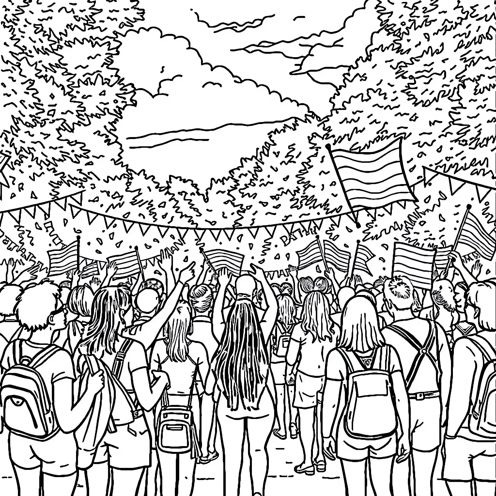 Pride Celebration in the Countryside Coloring Page (free black-and-white line drawing printable PDF for all, from beginners to advanced learners, including children, teens, adults, and seniors)
