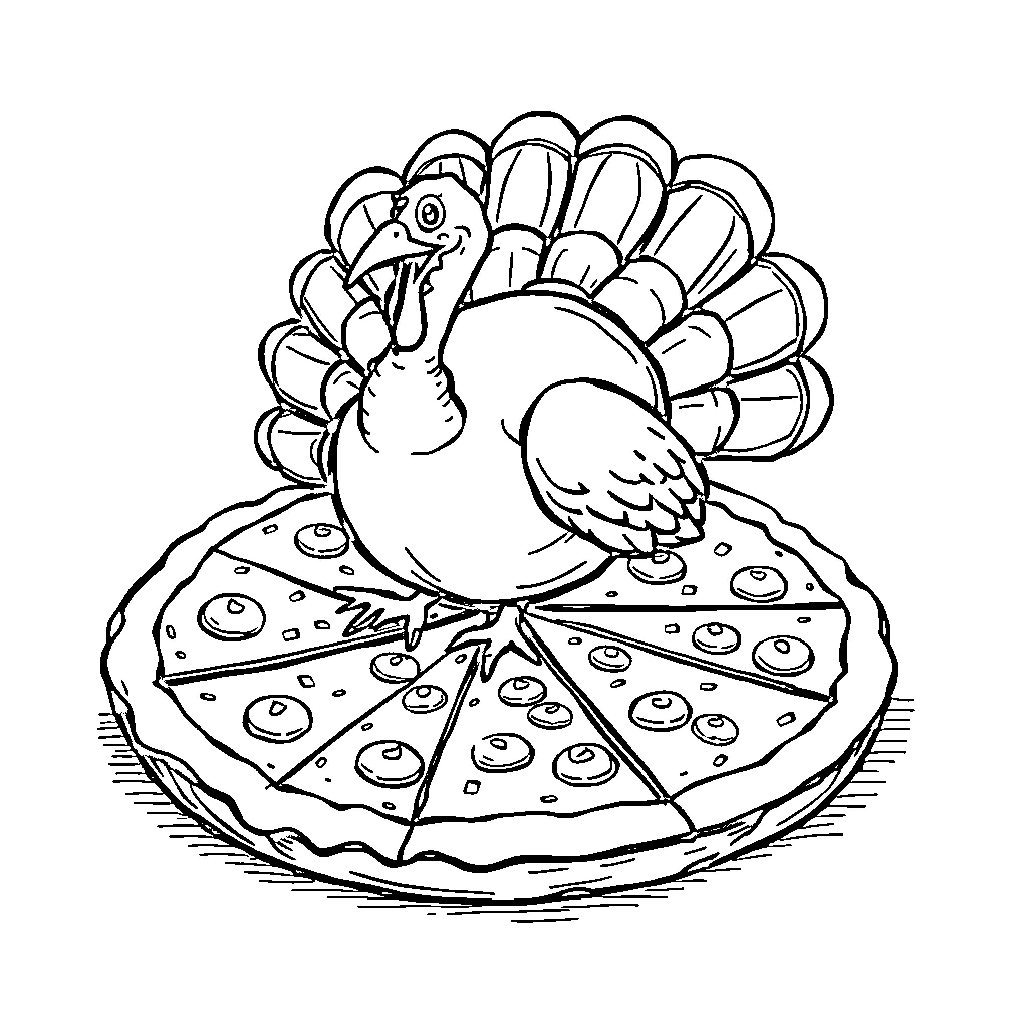 Turkey Enjoying a Festive Pizza Slice Coloring Page (free black-and-white line drawing printable PDF for all, from beginners to advanced learners, including children, teens, adults, and seniors)