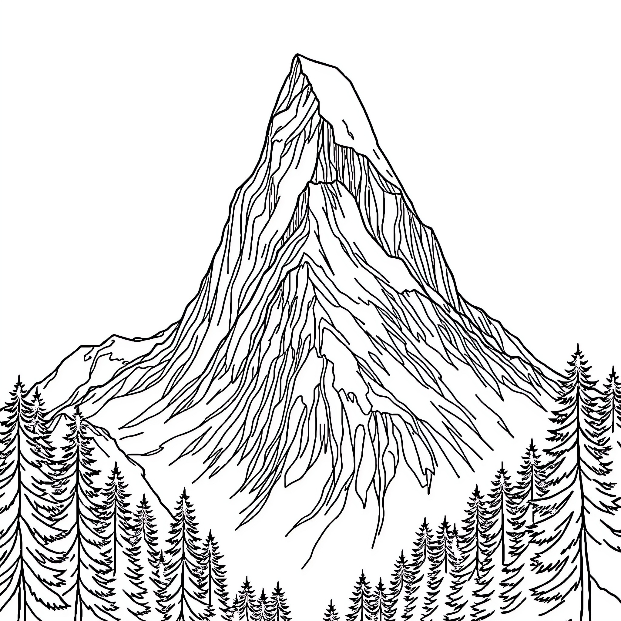 Mountain Landscape with Towering Peaks and Evergreen Trees Coloring Page (free black-and-white line drawing printable PDF for all, from beginners to advanced learners, including children, teens, adults, and seniors)