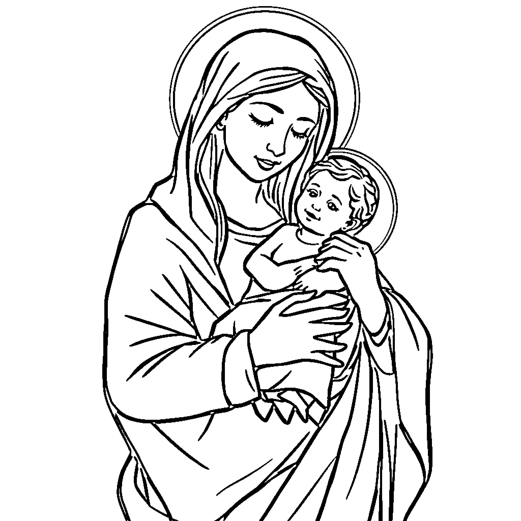 Mary holding and comforting a child Coloring Page (free black-and-white line drawing printable PDF for all, from beginners to advanced learners, including children, teens, adults, and seniors)