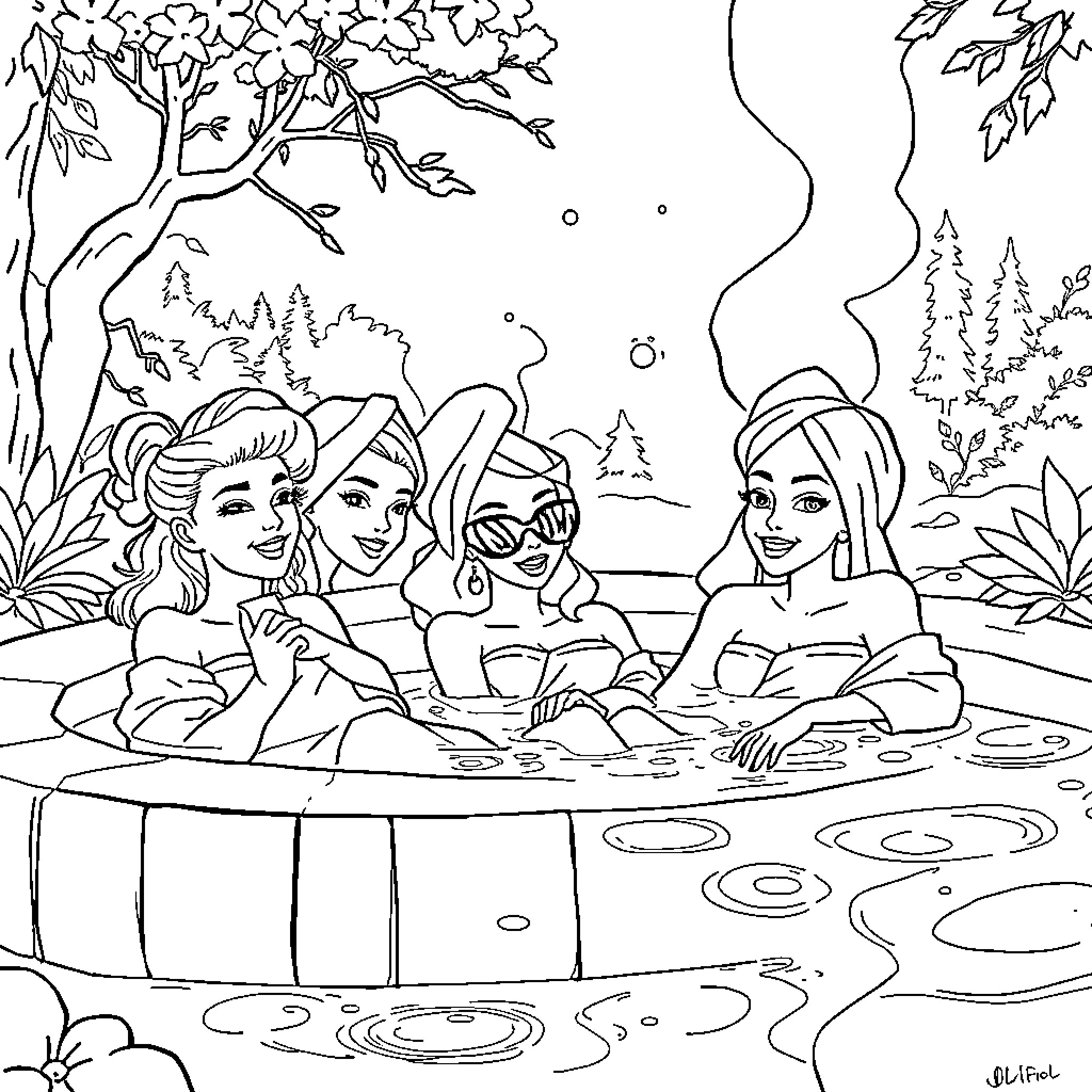 Spy trio relaxing in a serene natural setting Coloring Page (free black-and-white line drawing printable PDF for all, from beginners to advanced learners, including children, teens, adults, and seniors)