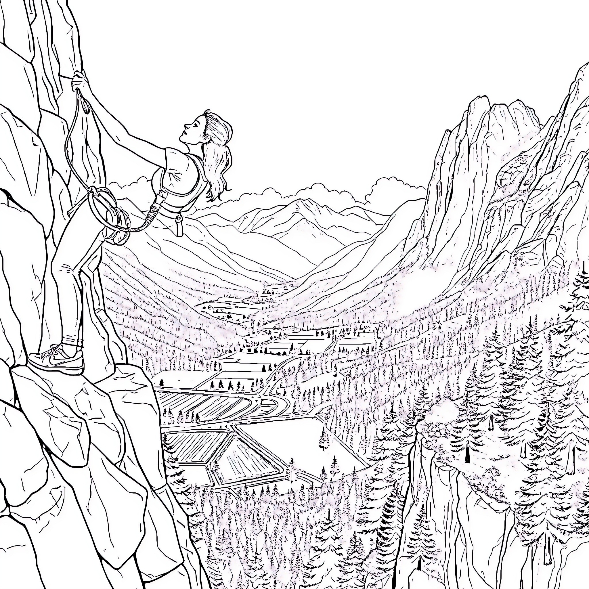 Woman scaling a rock face in a mountainous landscape Coloring Page (free black-and-white line drawing printable PDF for all, from beginners to advanced learners, including children, teens, adults, and seniors)