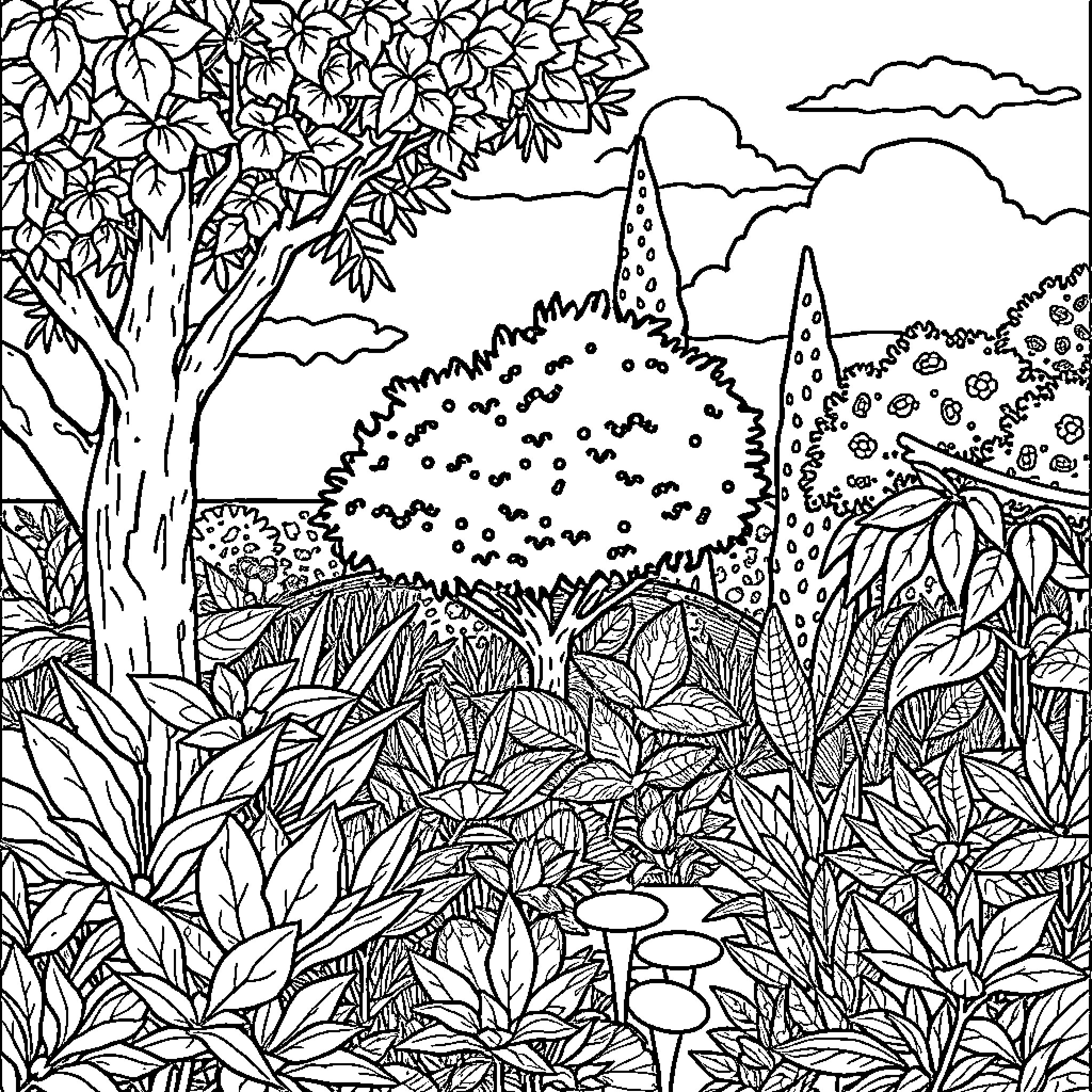 Adão's Enchanted Garden Coloring Page (free black-and-white line drawing printable PDF for all, from beginners to advanced learners, including children, teens, adults, and seniors)