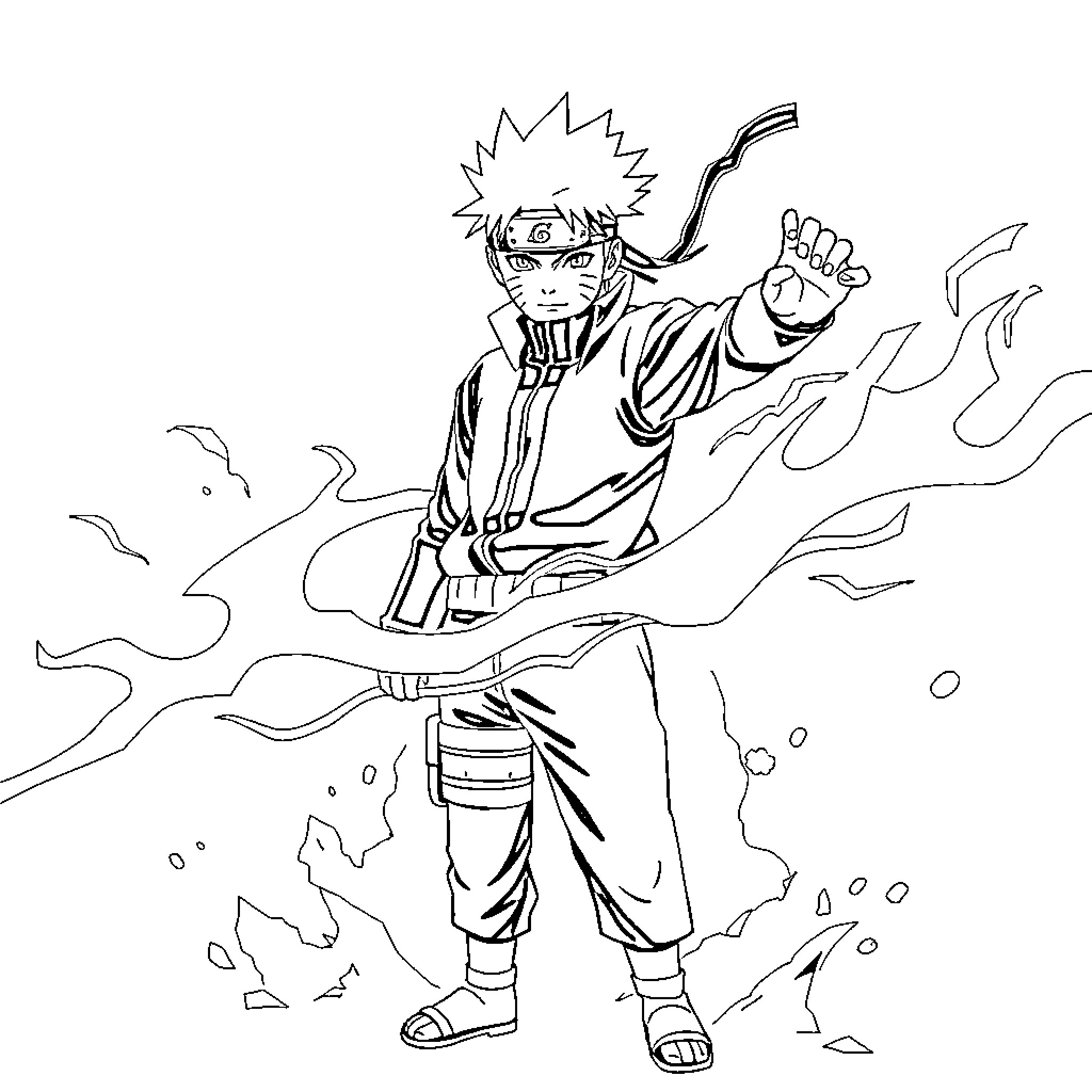 Naruto performing a powerful jutsu Coloring Page (free black-and-white line drawing printable PDF for all, from beginners to advanced learners, including children, teens, adults, and seniors)