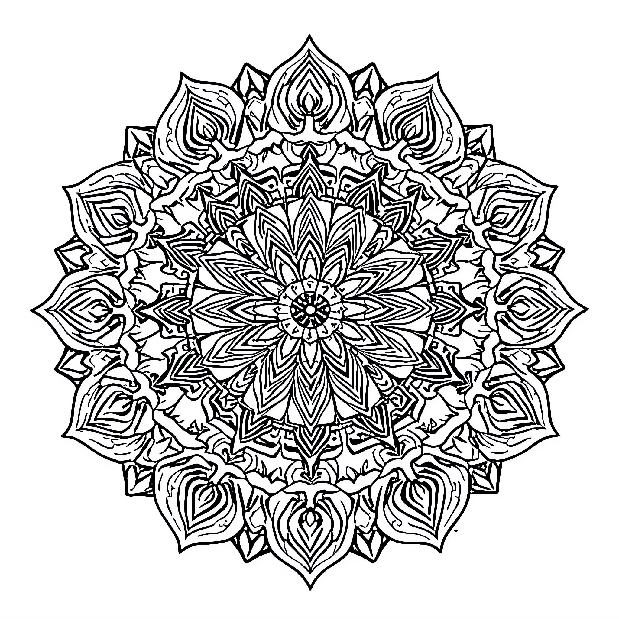 Mandala of intricate floral patterns and symmetry Coloring Page (free black-and-white line drawing printable PDF for all, from beginners to advanced learners, including children, teens, adults, and seniors)