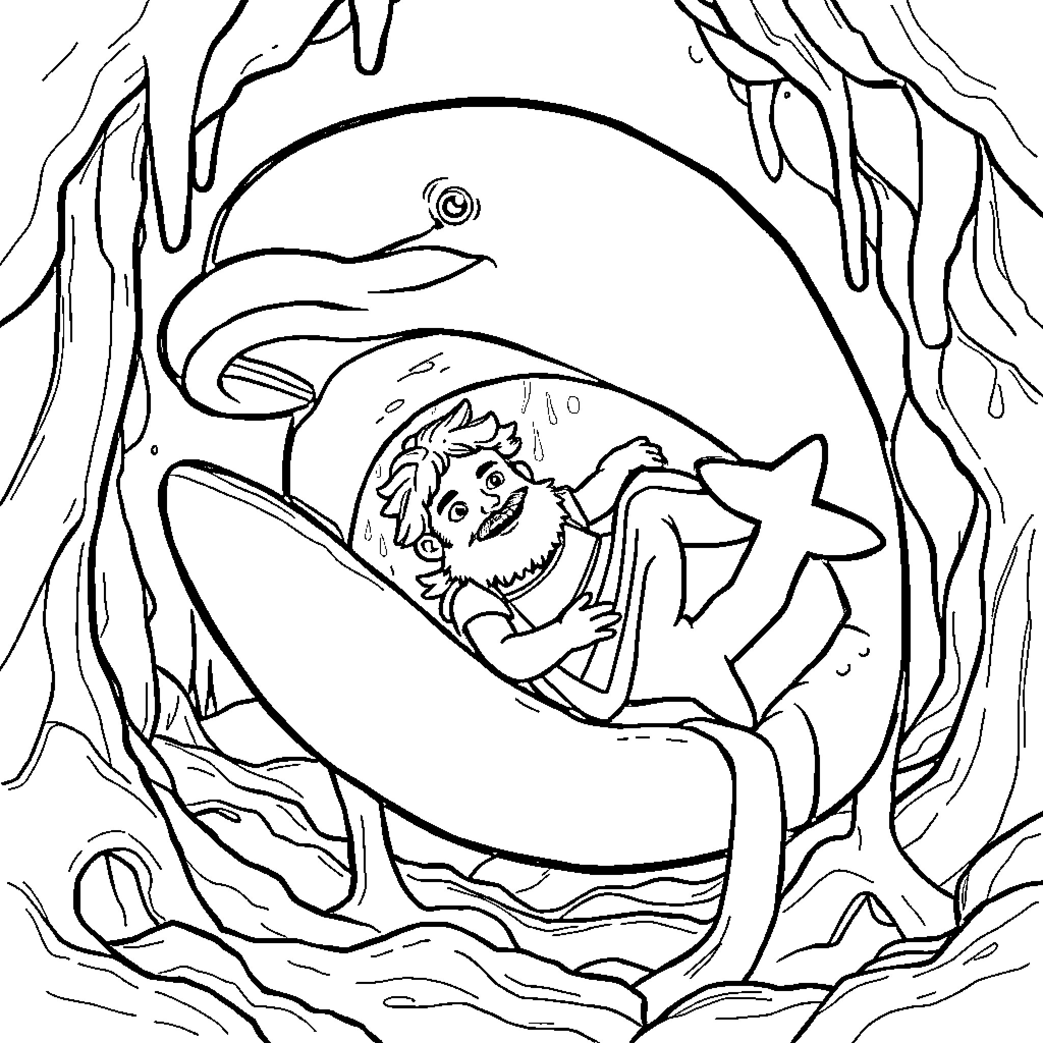 Jonah being swallowed by a large fish Coloring Page (free black-and-white line drawing printable PDF for all, from beginners to advanced learners, including children, teens, adults, and seniors)