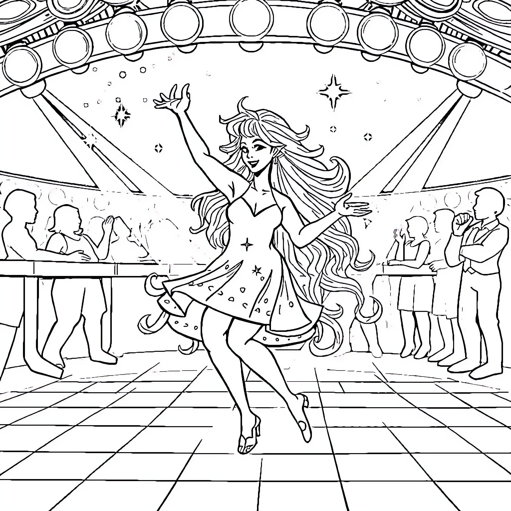 Snow White performing on stage with audience Coloring Page (free black-and-white line drawing printable PDF for all, from beginners to advanced learners, including children, teens, adults, and seniors)