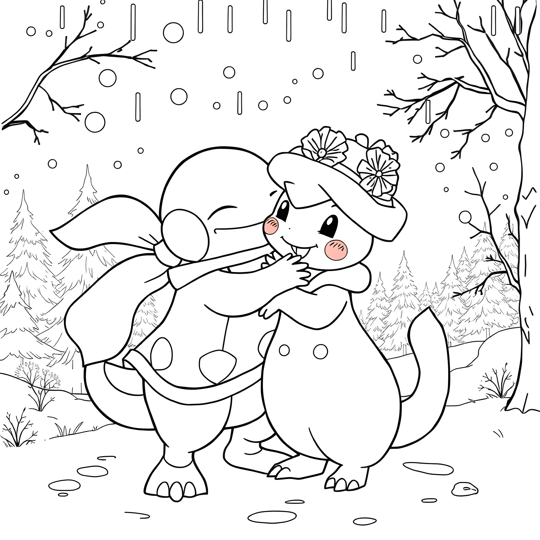 Politoed playing in the snowy winter wonderland Coloring Page (free black-and-white line drawing printable PDF for all, from beginners to advanced learners, including children, teens, adults, and seniors)