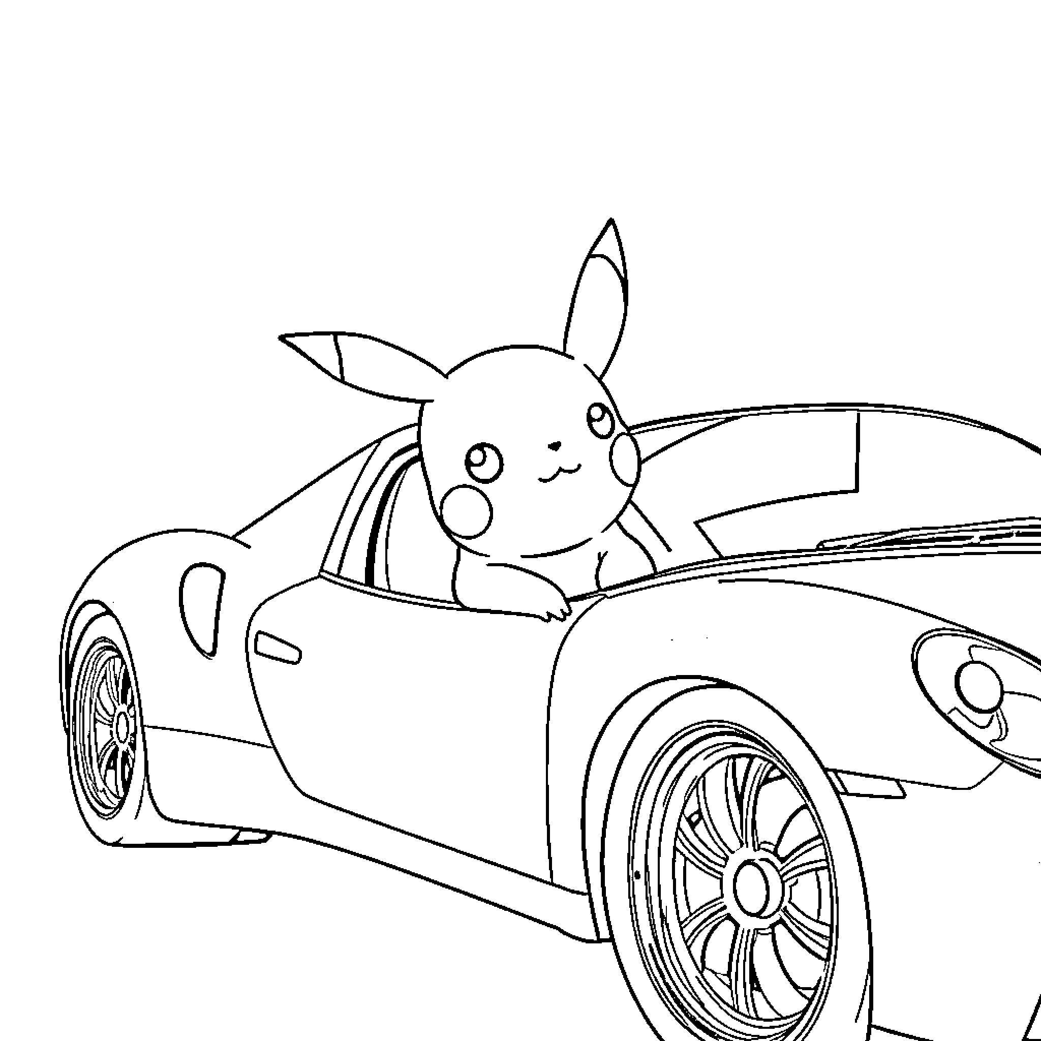 Pikachu riding in a stylish car Coloring Page (free black-and-white line drawing printable PDF for all, from beginners to advanced learners, including children, teens, adults, and seniors)