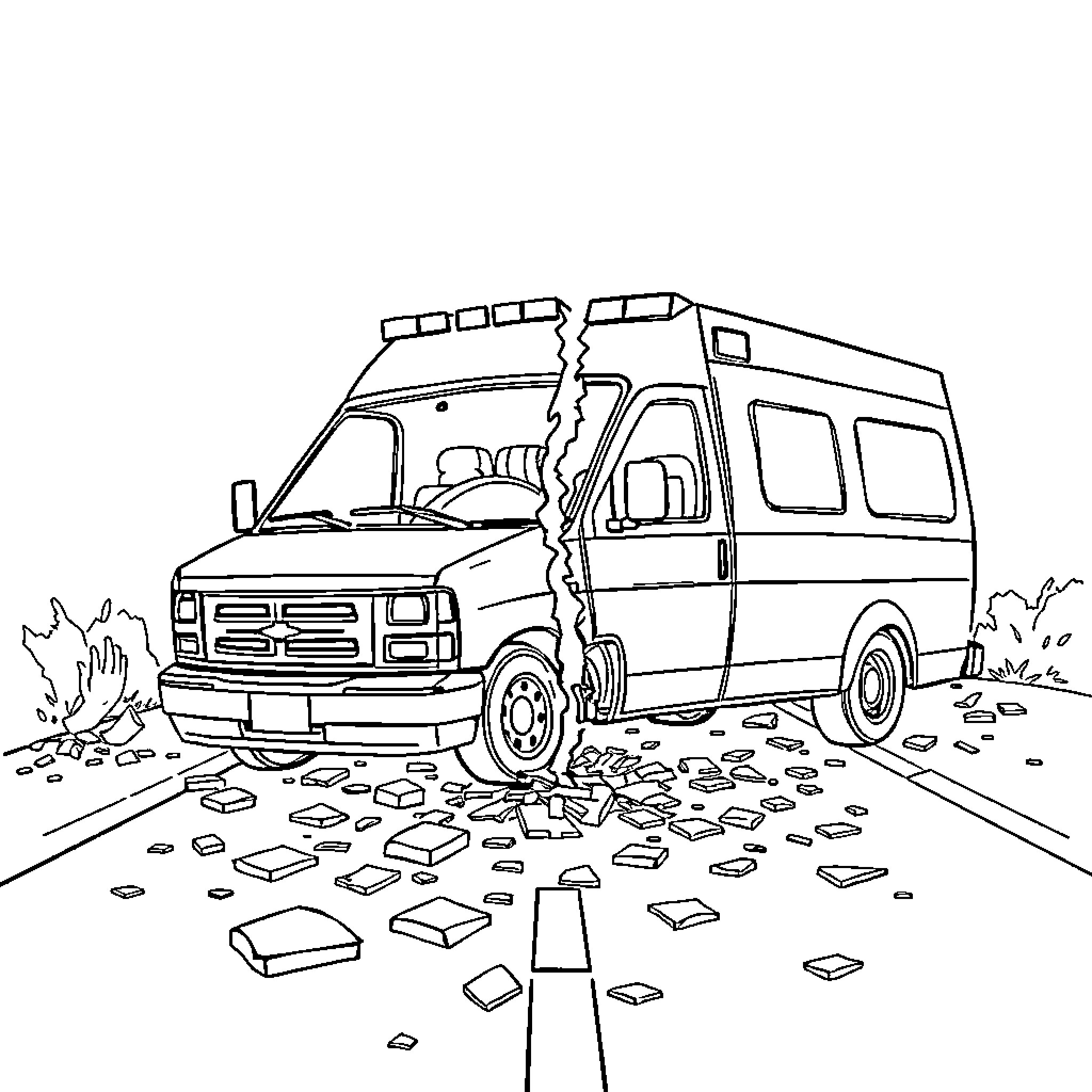 Ambulance in Aftermath of Accident on Roadway Coloring Page (free black-and-white line drawing printable PDF for all, from beginners to advanced learners, including children, teens, adults, and seniors)