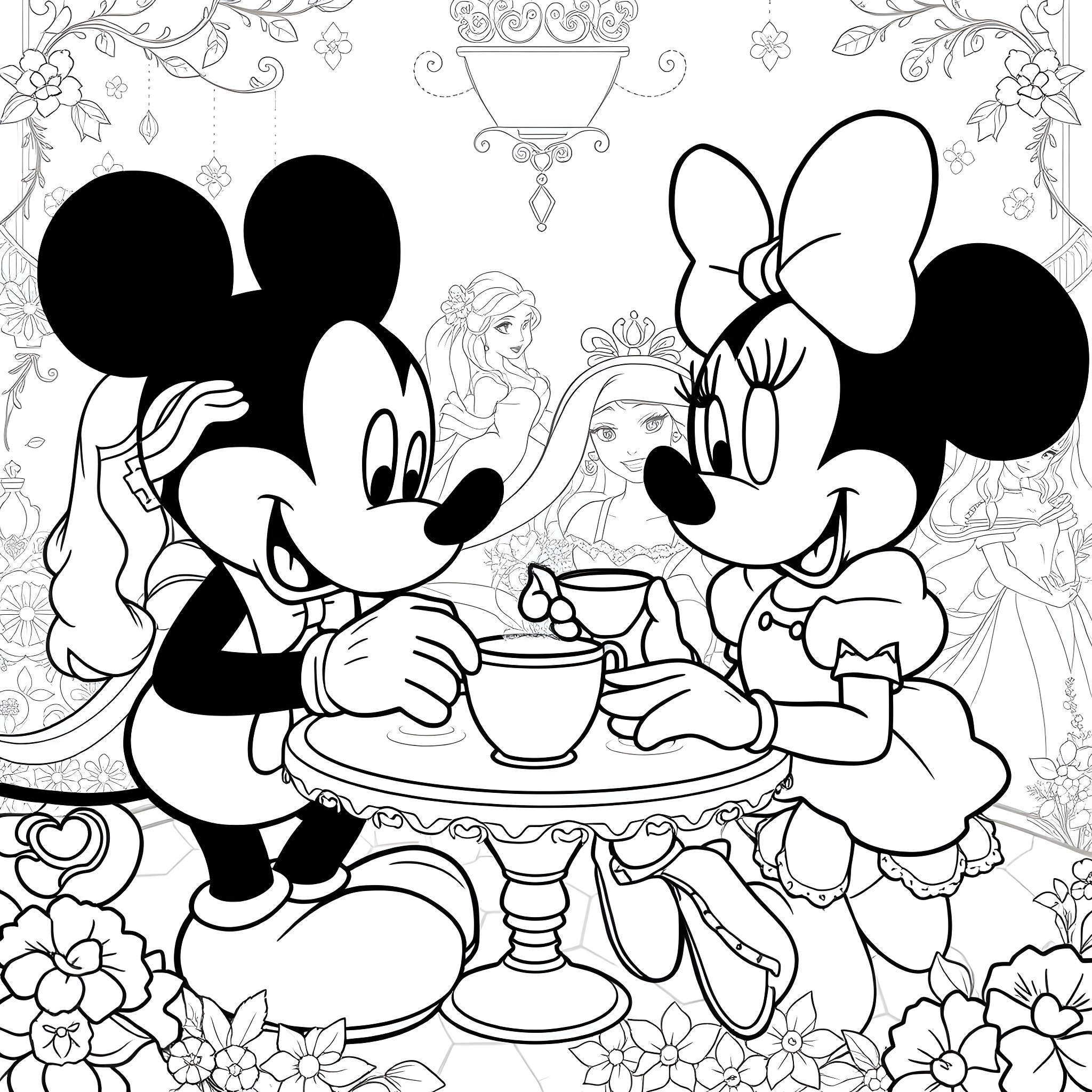 Mickey Mouse and Minnie Mouse having a tea party Coloring Page (free black-and-white line drawing printable PDF for all, from beginners to advanced learners, including children, teens, adults, and seniors)