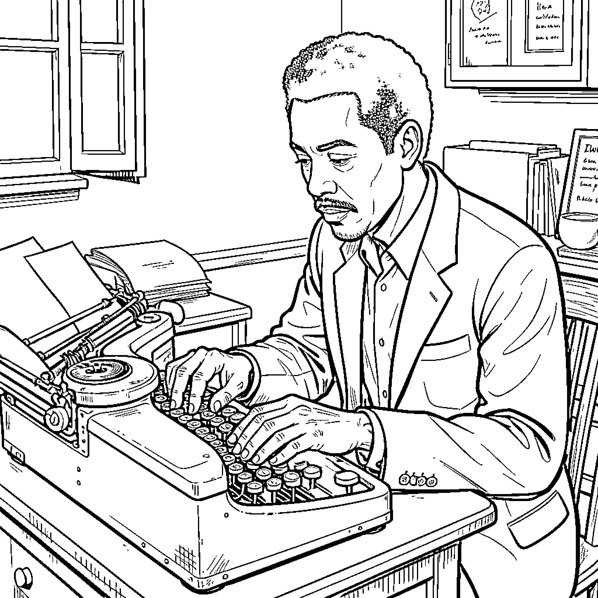 James Baldwin focused while typing on a vintage typewriter Coloring Page (free black-and-white line drawing printable PDF for all, from beginners to advanced learners, including children, teens, adults, and seniors)