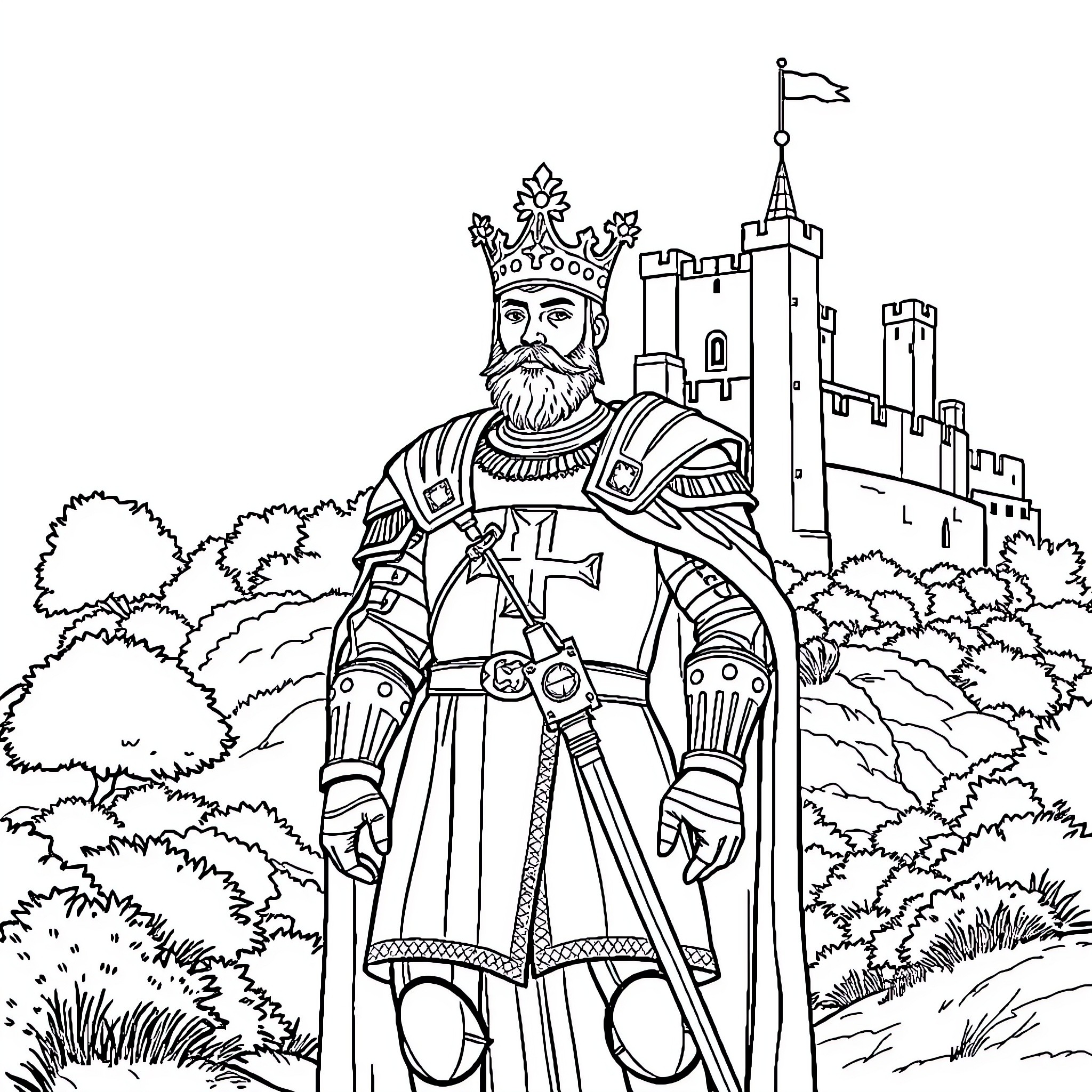 D.Afonso Henriques Commanding a Medieval Castle Coloring Page (free black-and-white line drawing printable PDF for all, from beginners to advanced learners, including children, teens, adults, and seniors)