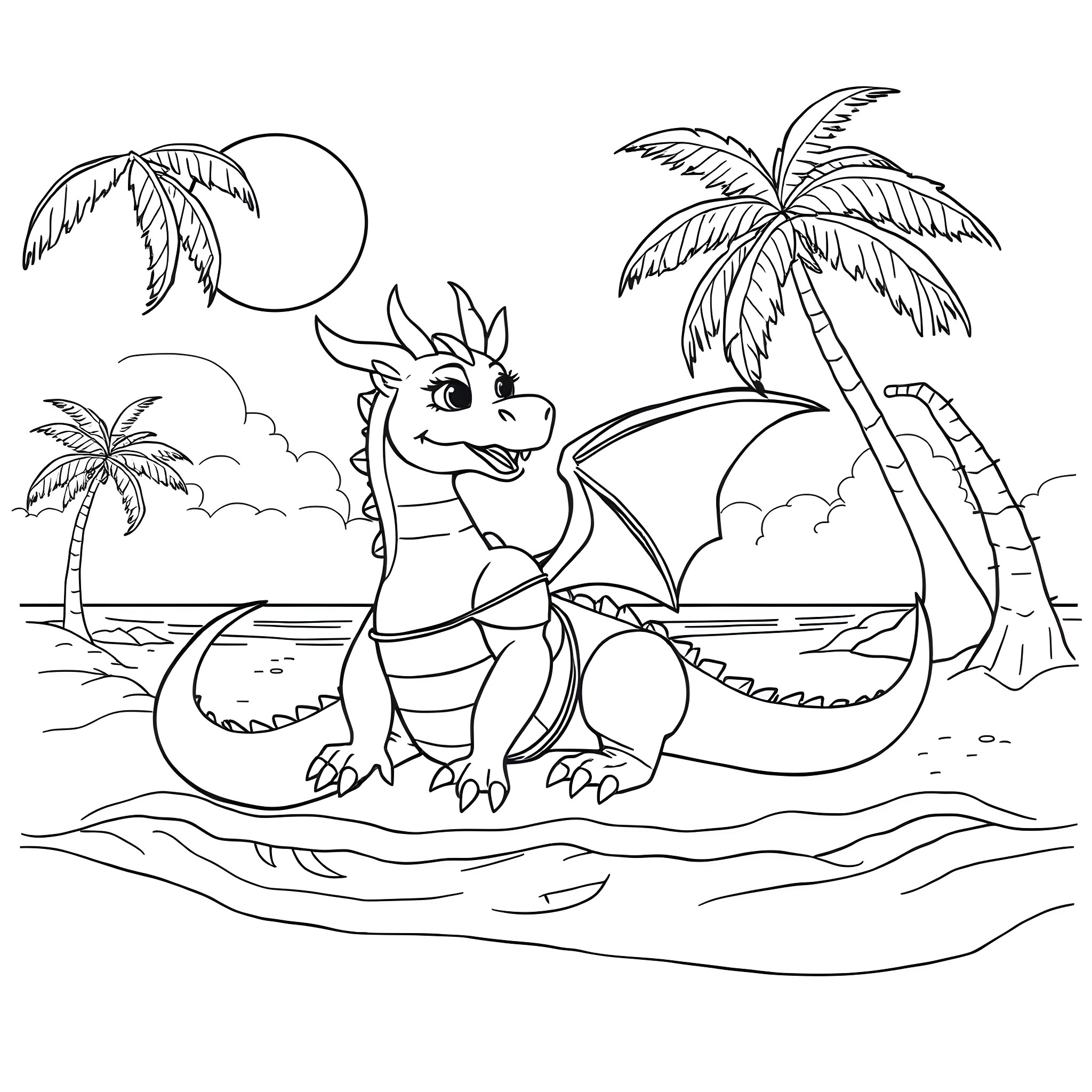 Dragon playing happily on a tropical beach Coloring Page (free black-and-white line drawing printable PDF for all, from beginners to advanced learners, including children, teens, adults, and seniors)