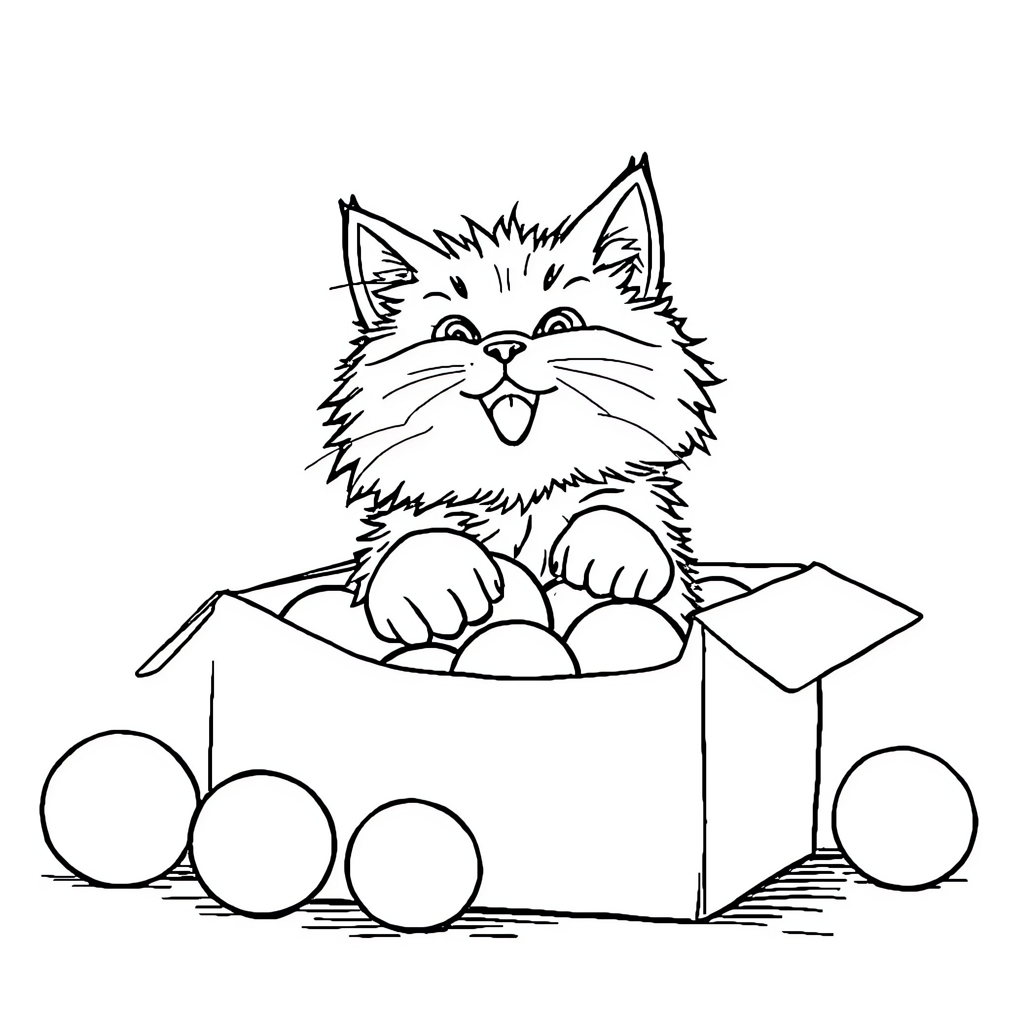 Cat playing in a box with toys Coloring Page (free black-and-white line drawing printable PDF for all, from beginners to advanced learners, including children, teens, adults, and seniors)