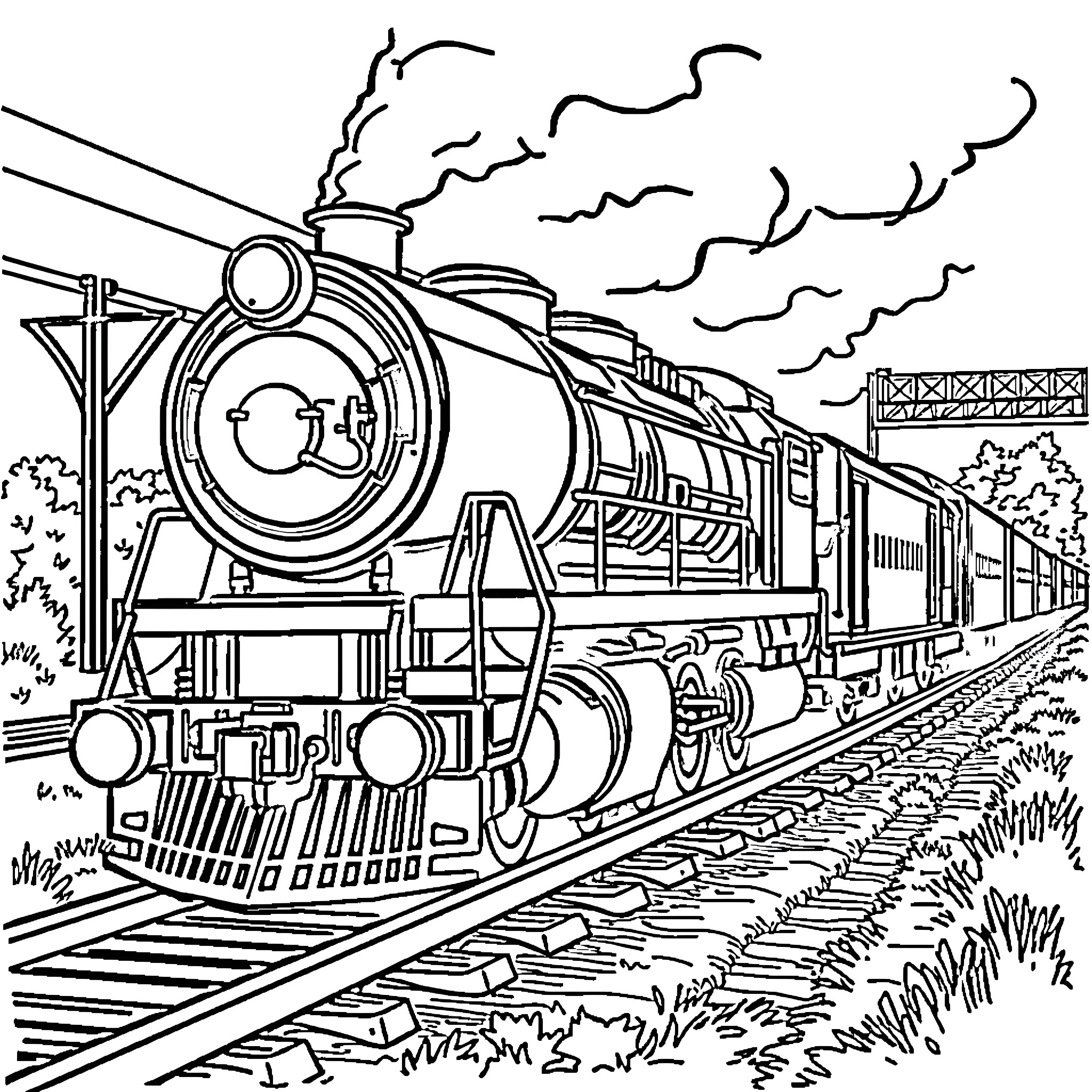 Train speeding through the countryside Coloring Page (free black-and-white line drawing printable PDF for all, from beginners to advanced learners, including children, teens, adults, and seniors)