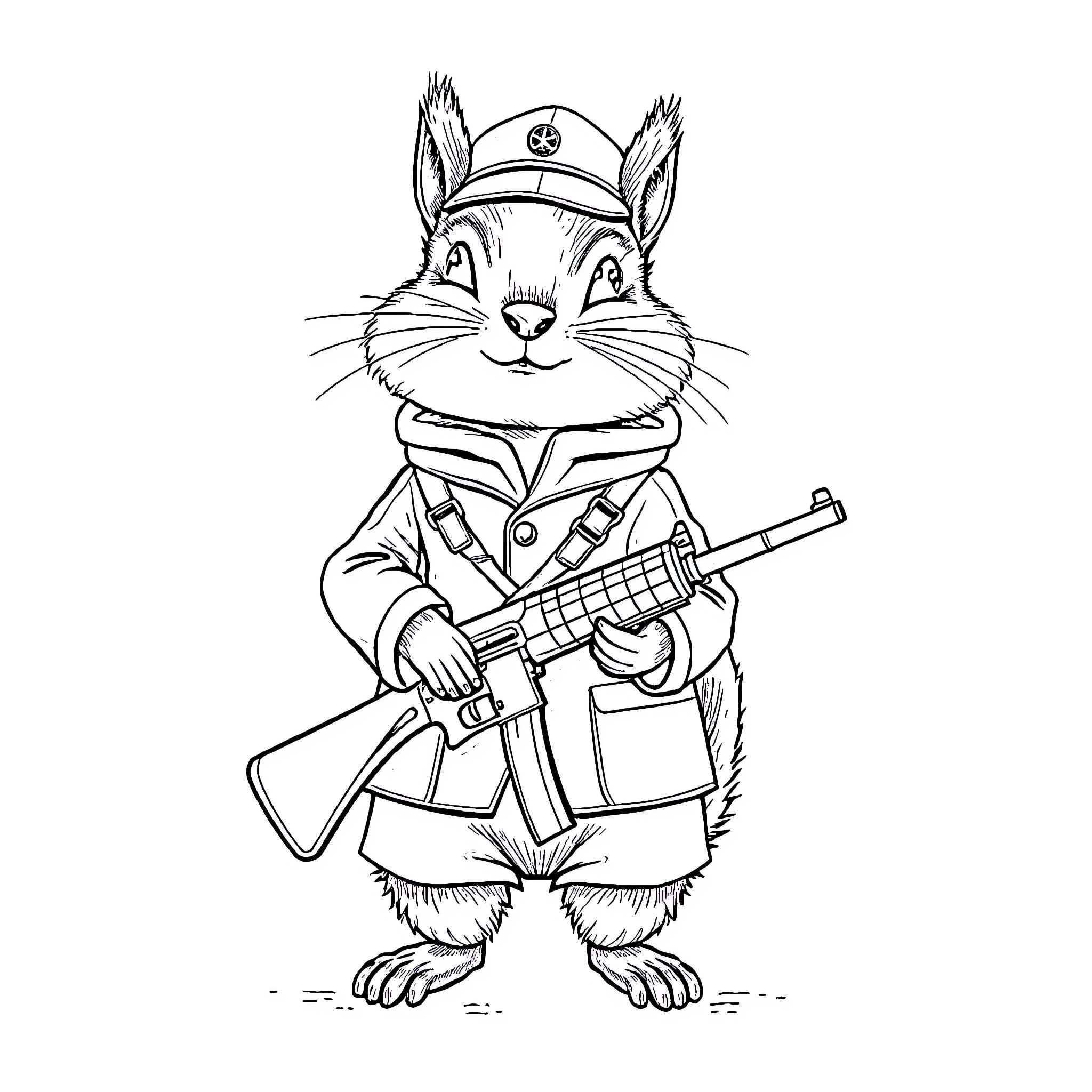 Squirrel soldier holding a rifle in uniform Coloring Page (free black-and-white line drawing printable PDF for all, from beginners to advanced learners, including children, teens, adults, and seniors)