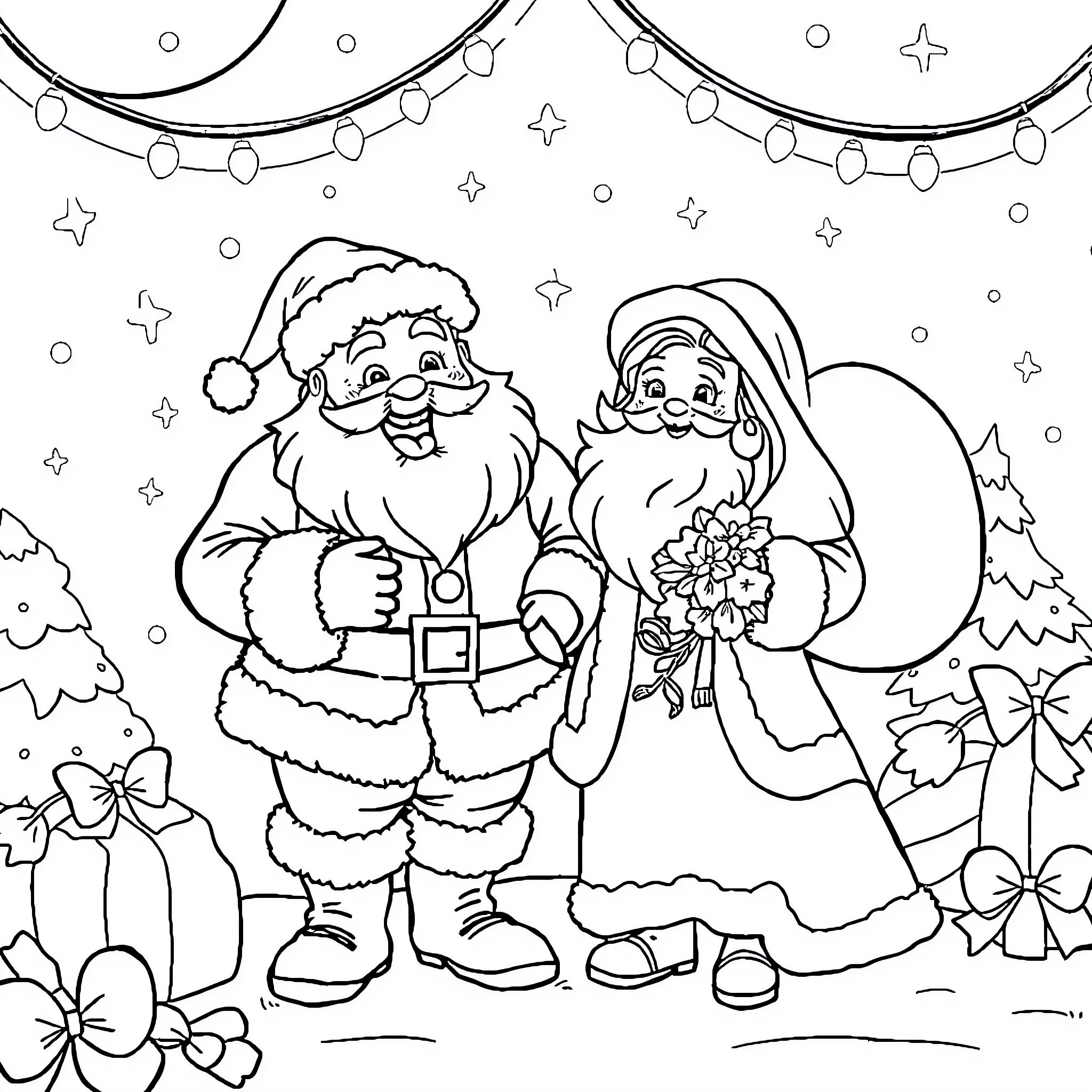 Santa and Mrs. Claus celebrating the winter holiday Coloring Page (free black-and-white line drawing printable PDF for all, from beginners to advanced learners, including children, teens, adults, and seniors)
