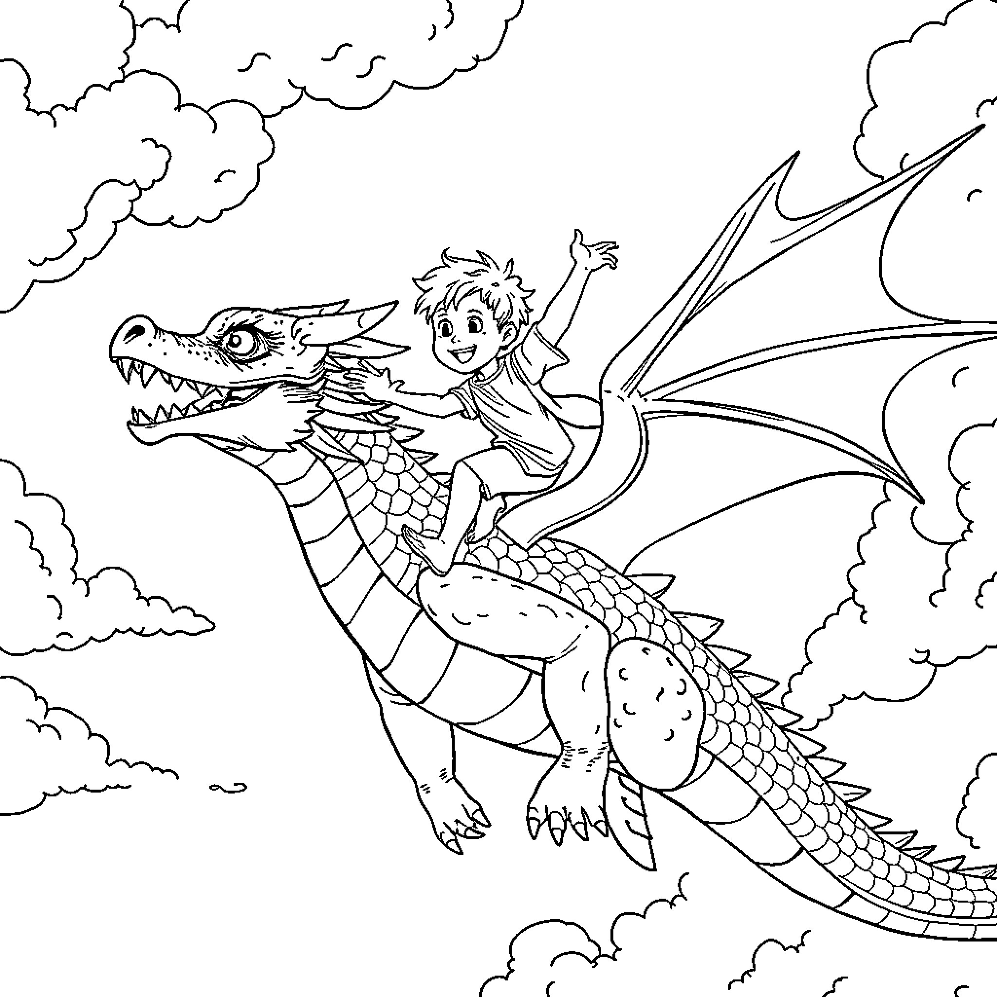 Boy riding a magical dragon in the sky Coloring Page (free black-and-white line drawing printable PDF for all, from beginners to advanced learners, including children, teens, adults, and seniors)