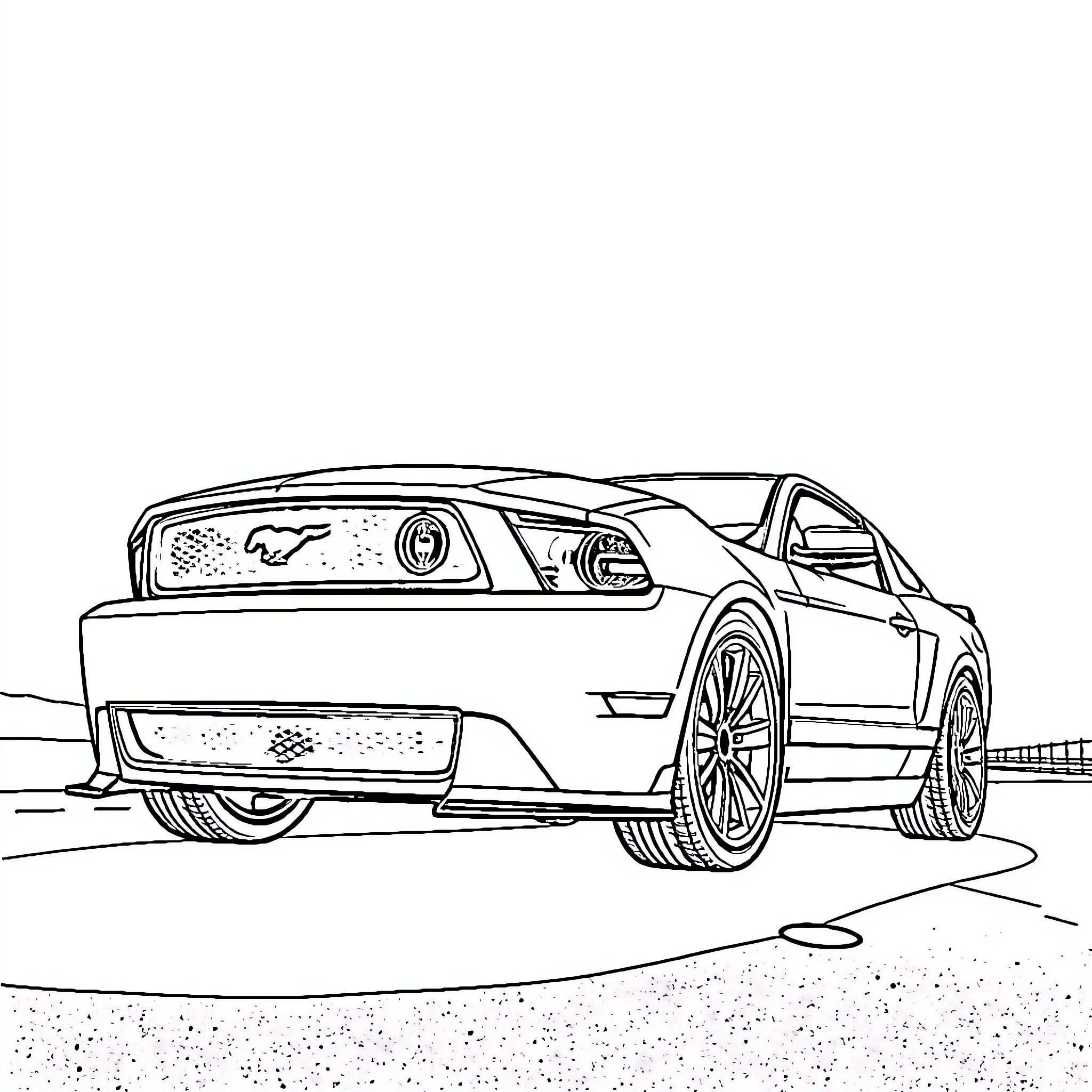 Mustang racing through the streets Coloring Page (free black-and-white line drawing printable PDF for all, from beginners to advanced learners, including children, teens, adults, and seniors)