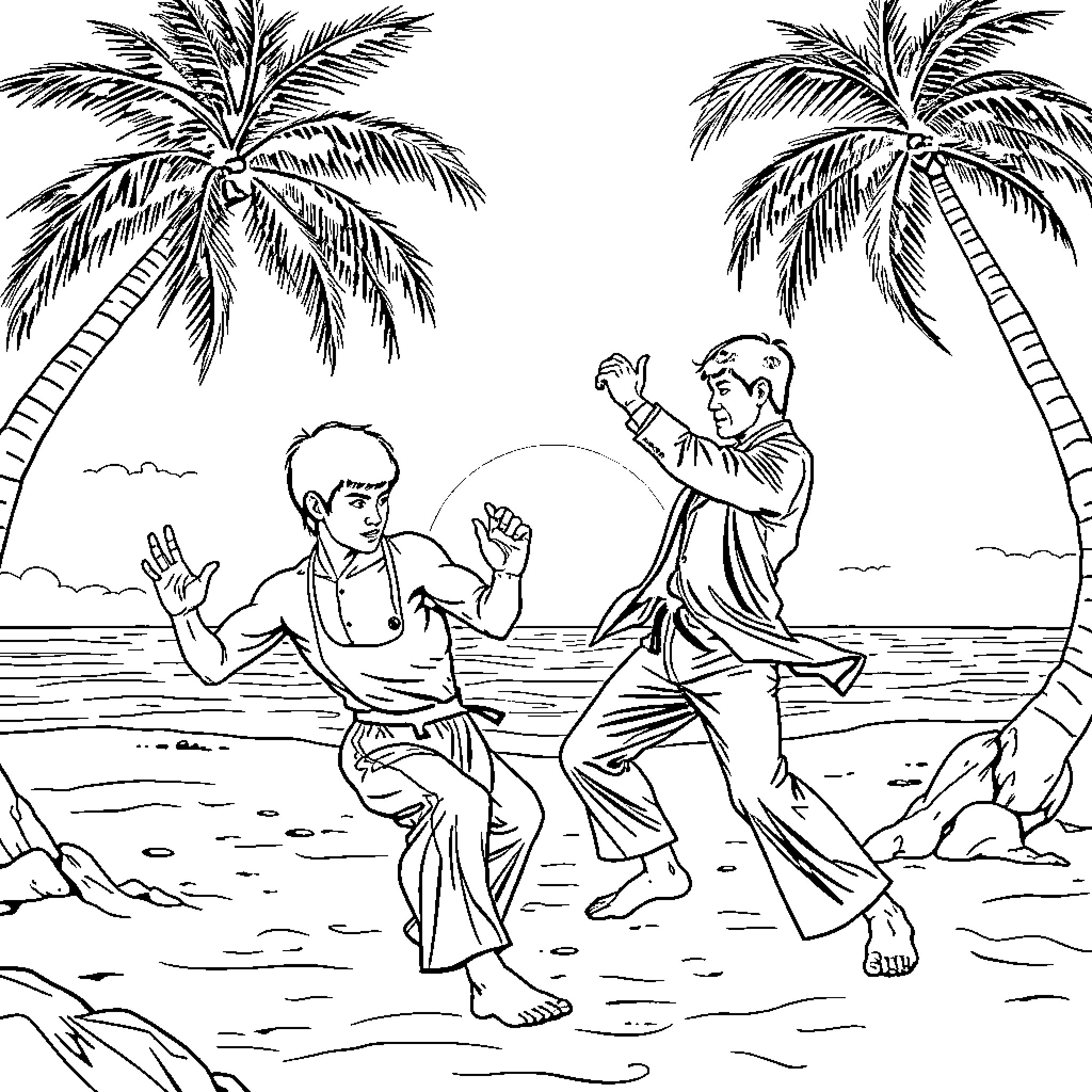 Bruce Lee practicing martial arts on a tropical beach Coloring Page (free black-and-white line drawing printable PDF for all, from beginners to advanced learners, including children, teens, adults, and seniors)