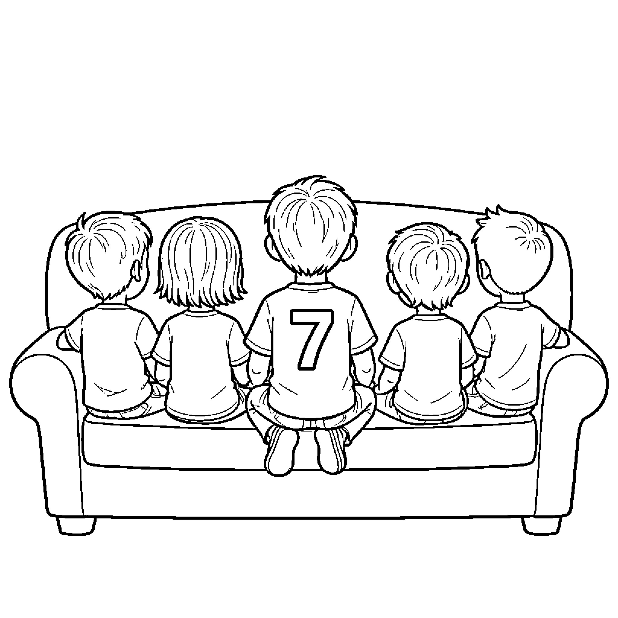 Niño and friends sitting together on a sofa Coloring Page (free black-and-white line drawing printable PDF for all, from beginners to advanced learners, including children, teens, adults, and seniors)