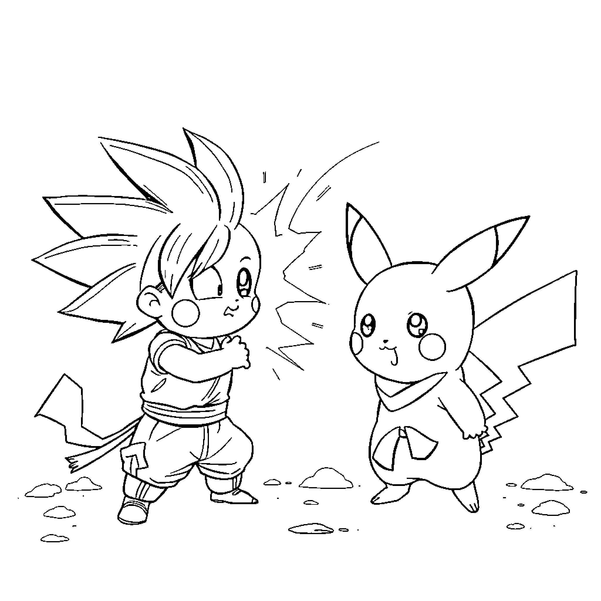 Pikachu and Goku having a playful encounter Coloring Page (free black-and-white line drawing printable PDF for all, from beginners to advanced learners, including children, teens, adults, and seniors)