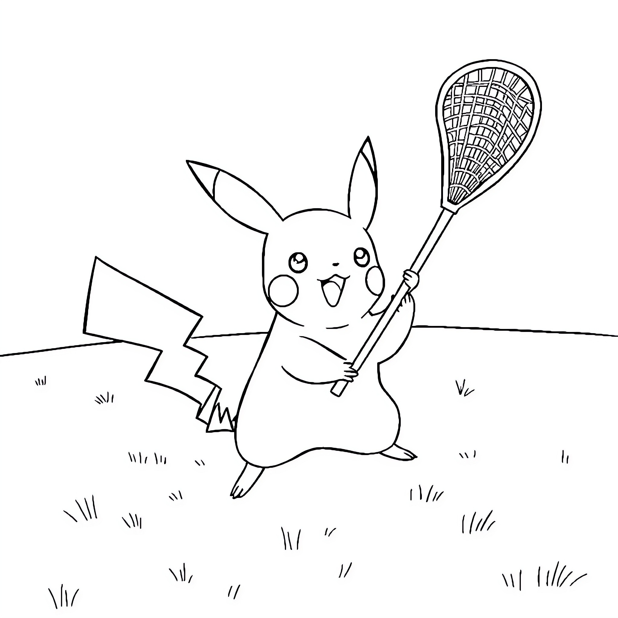 Pikachu playing with a tennis racket on the field Coloring Page (free black-and-white line drawing printable PDF for all, from beginners to advanced learners, including children, teens, adults, and seniors)