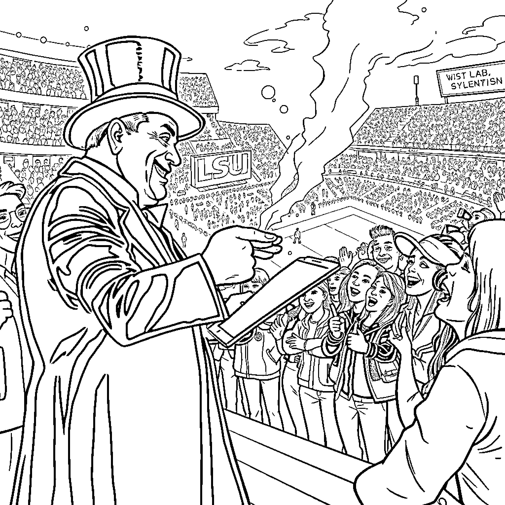Magician entertains excited crowd in sports stadium Coloring Page (free black-and-white line drawing printable PDF for all, from beginners to advanced learners, including children, teens, adults, and seniors)