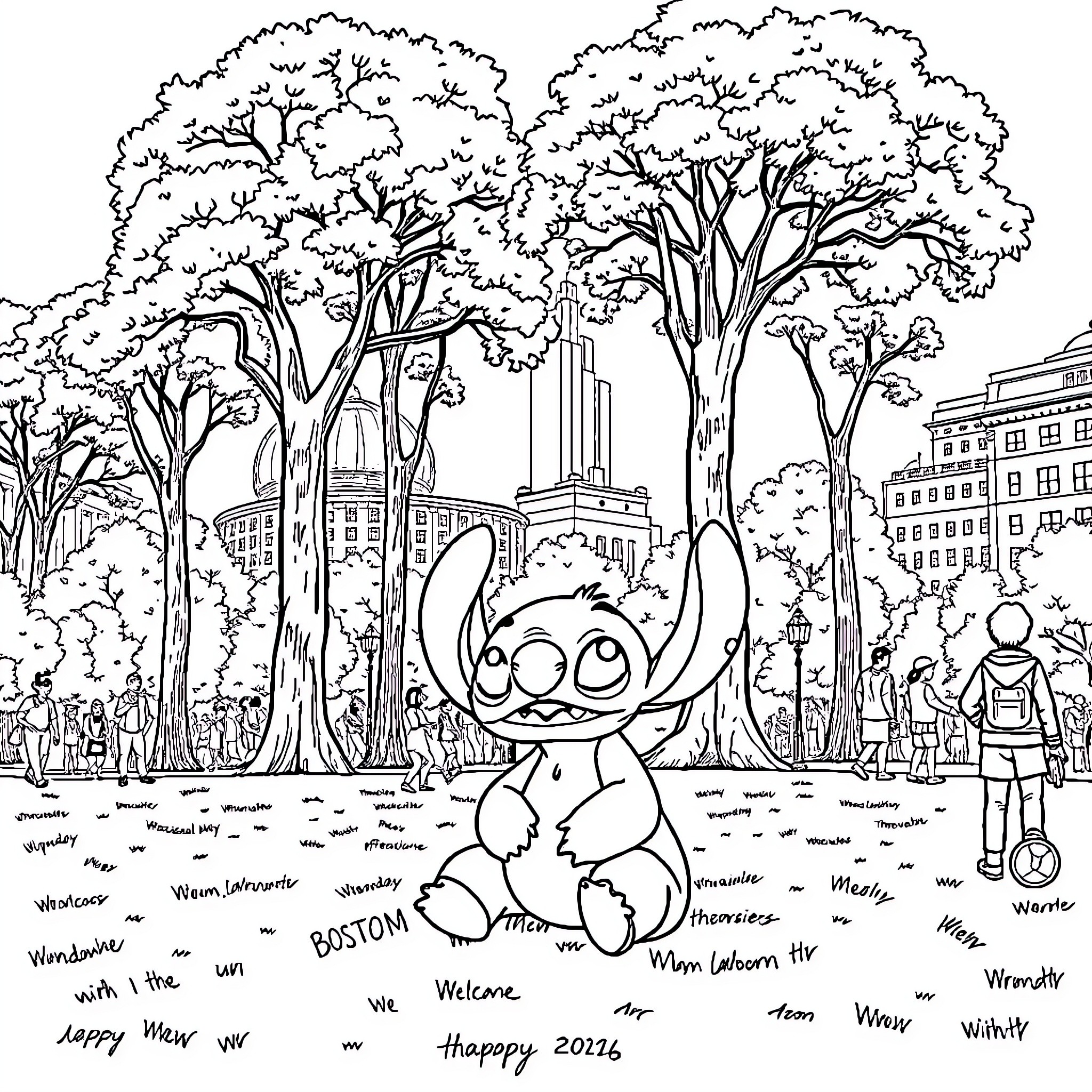 Stitch Exploring the Lively City Park Coloring Page (free black-and-white line drawing printable PDF for all, from beginners to advanced learners, including children, teens, adults, and seniors)