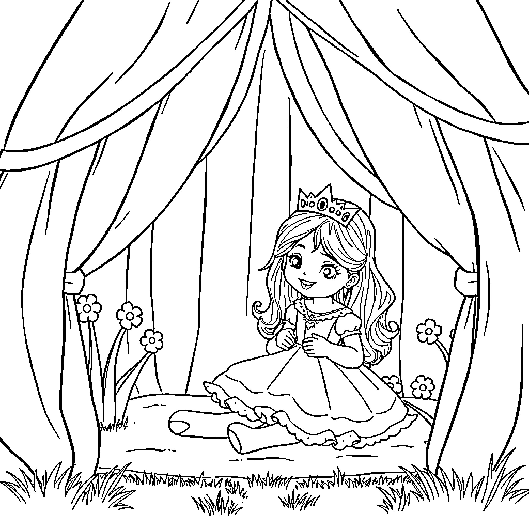 Girl in a princess dress posing in a garden Coloring Page (free black-and-white line drawing printable PDF for all, from beginners to advanced learners, including children, teens, adults, and seniors)