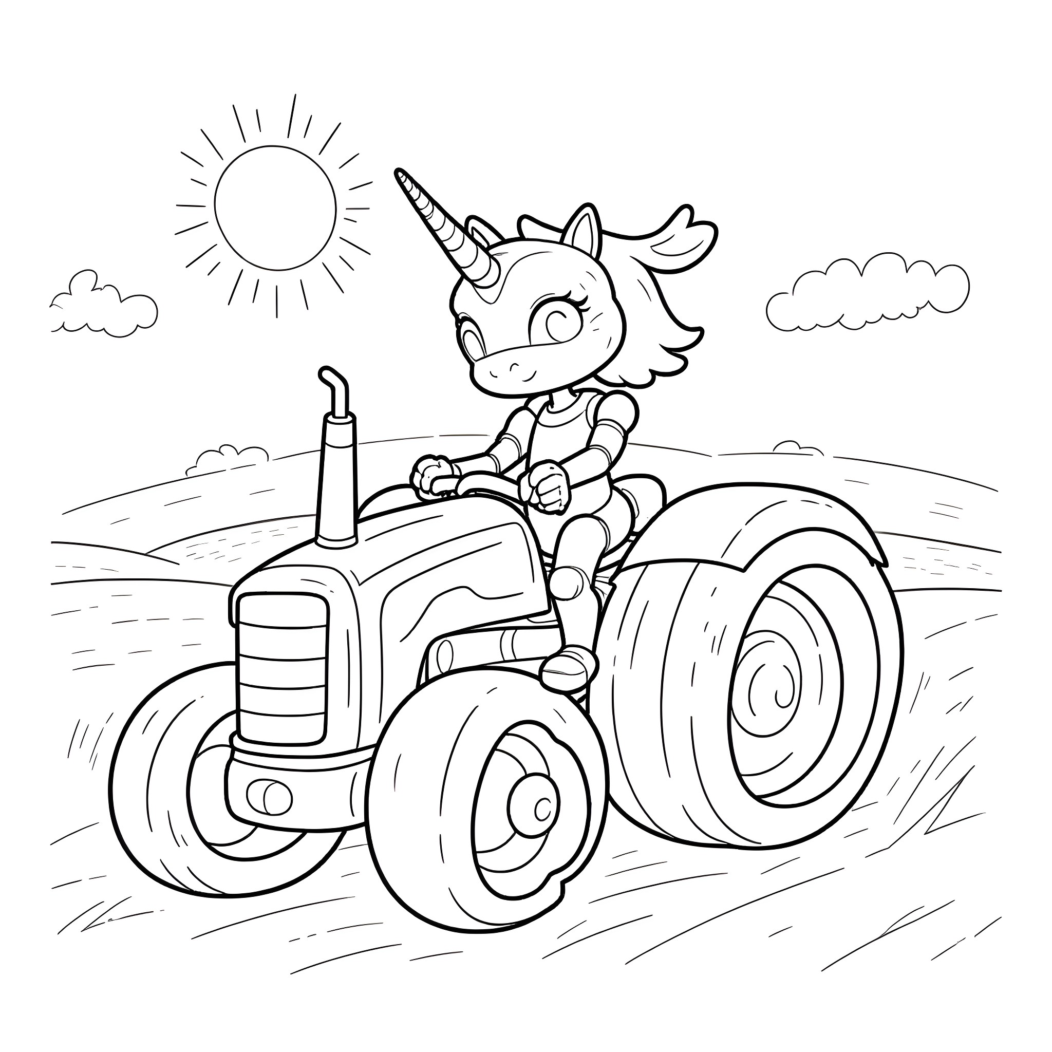 Robot Unicorn Riding a Tractor in the Countryside Coloring Page (free black-and-white line drawing printable PDF for all, from beginners to advanced learners, including children, teens, adults, and seniors)