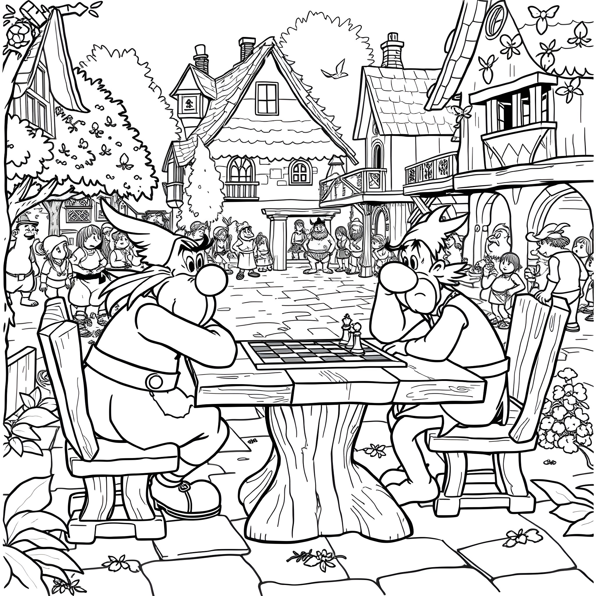 Asterix and Friends Enjoying a Lively Village Scene Coloring Page (free black-and-white line drawing printable PDF for all, from beginners to advanced learners, including children, teens, adults, and seniors)