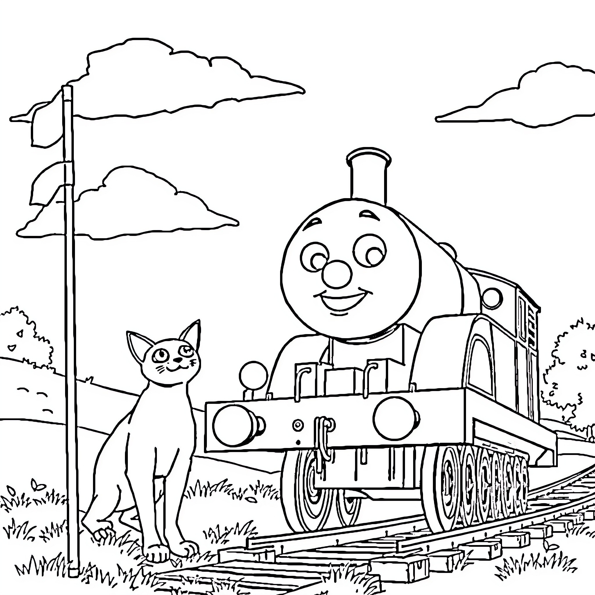 Thomas the Train Engine Explores the Countryside Coloring Page (free black-and-white line drawing printable PDF for all, from beginners to advanced learners, including children, teens, adults, and seniors)