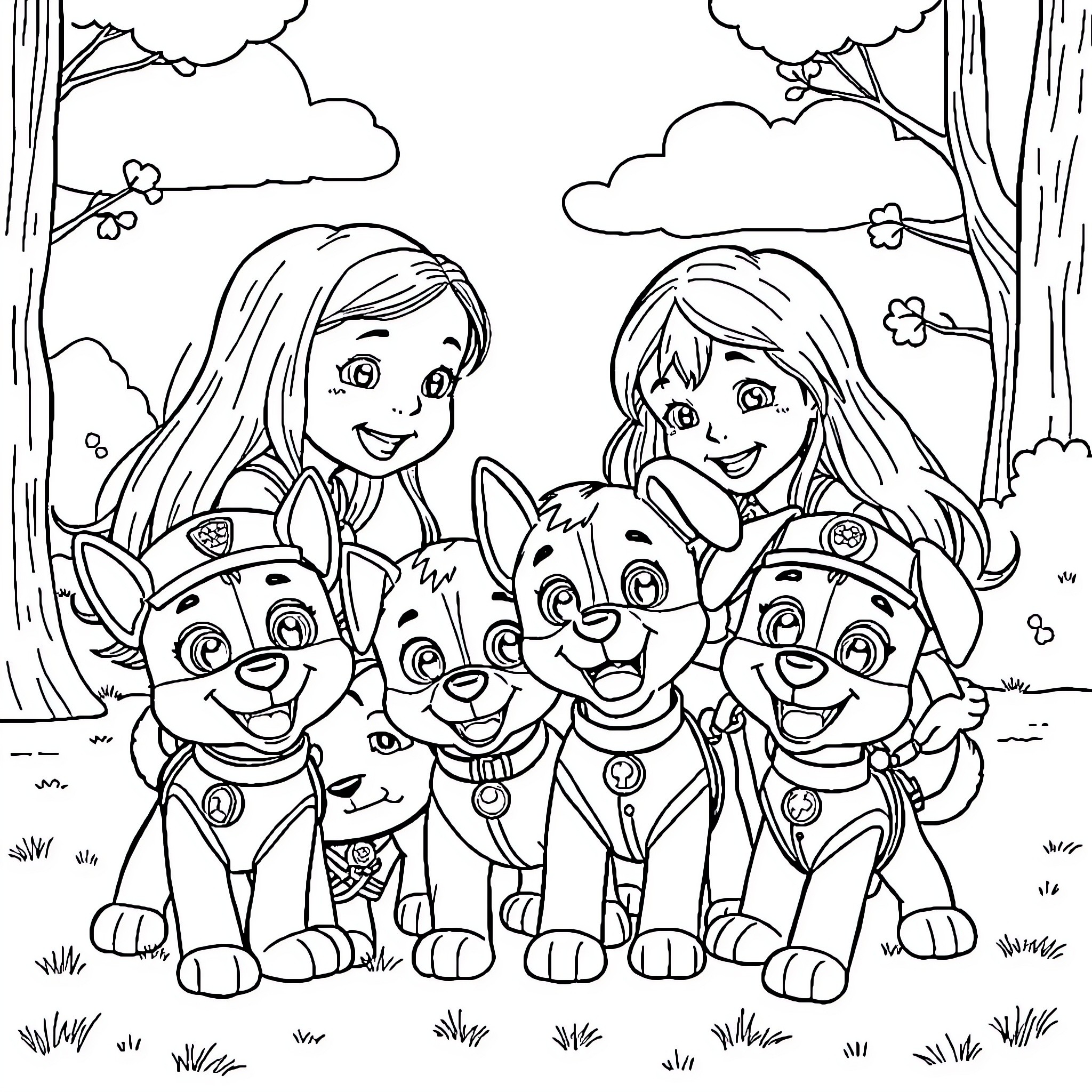 Girls and their Paw Patrol Friends in the Forest Coloring Page (free black-and-white line drawing printable PDF for all, from beginners to advanced learners, including children, teens, adults, and seniors)