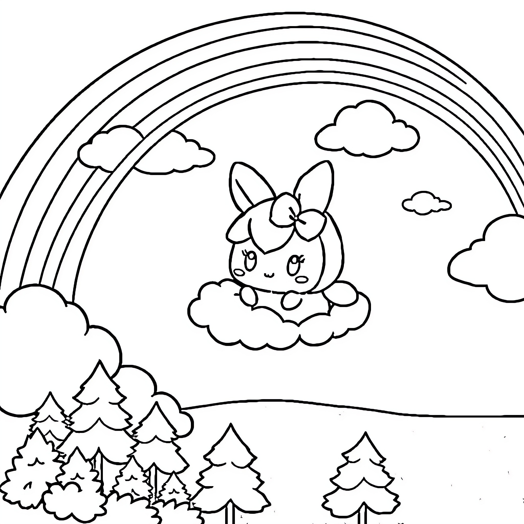 Cinnamoroll playing happily on a cloud with a rainbow Coloring Page (free black-and-white line drawing printable PDF for all, from beginners to advanced learners, including children, teens, adults, and seniors)