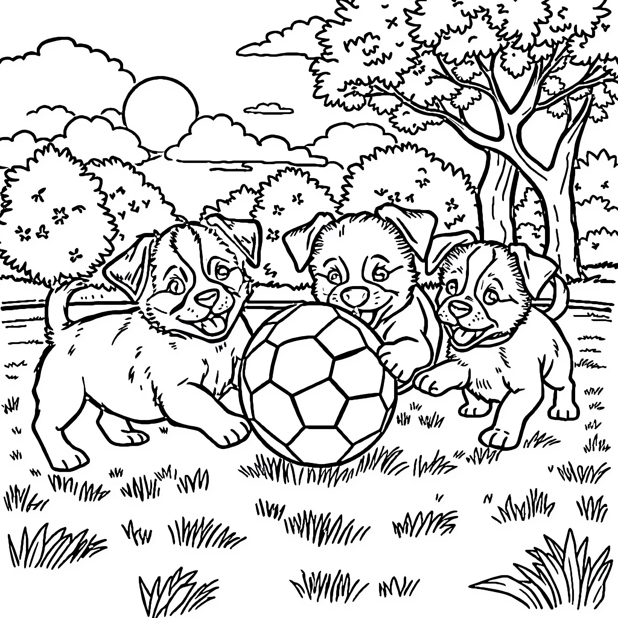 Puppies playing joyfully with soccer ball in park Coloring Page (free black-and-white line drawing printable PDF for all, from beginners to advanced learners, including children, teens, adults, and seniors)