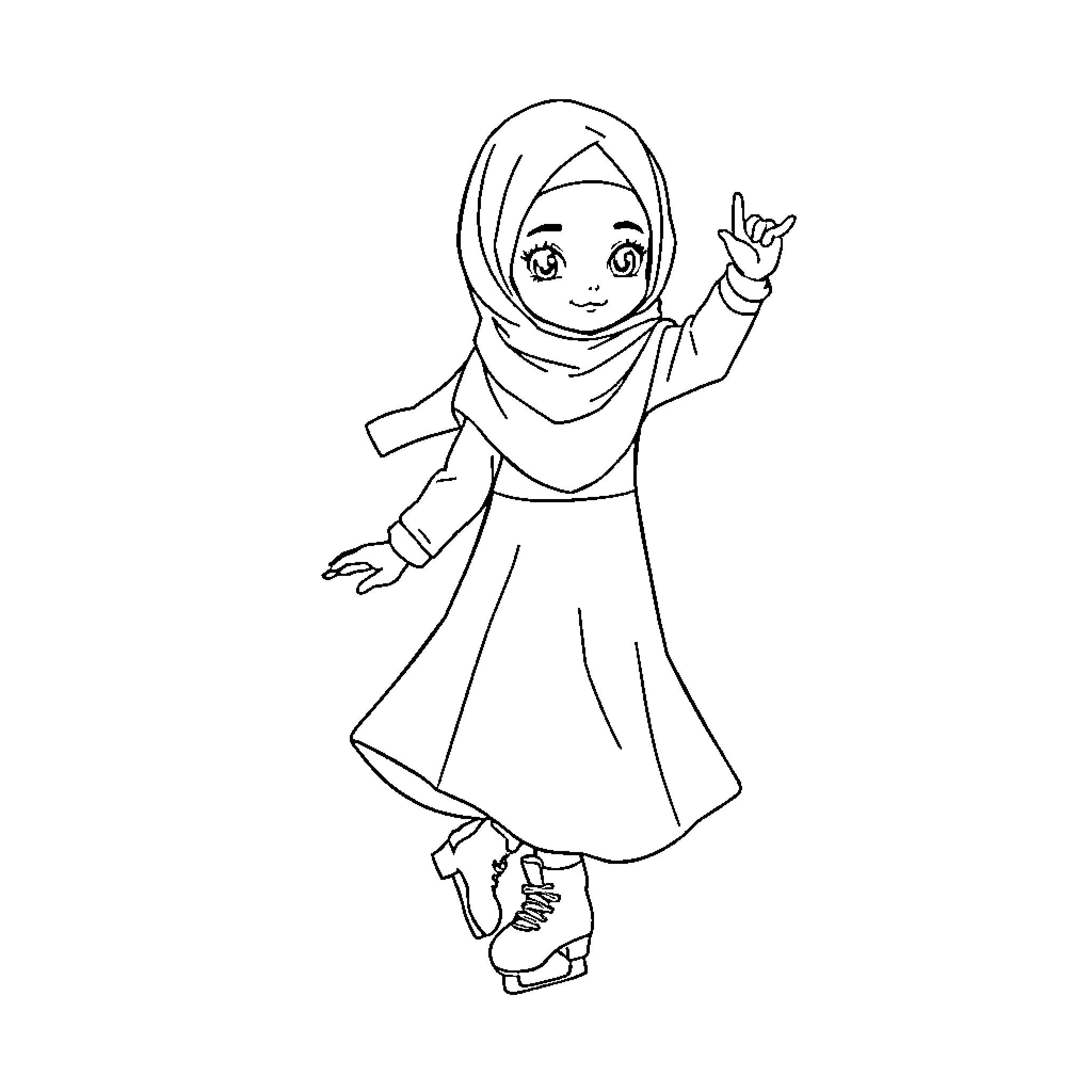 Muslim Girl Expressing Happiness and Positivity Coloring Page (free black-and-white line drawing printable PDF for all, from beginners to advanced learners, including children, teens, adults, and seniors)