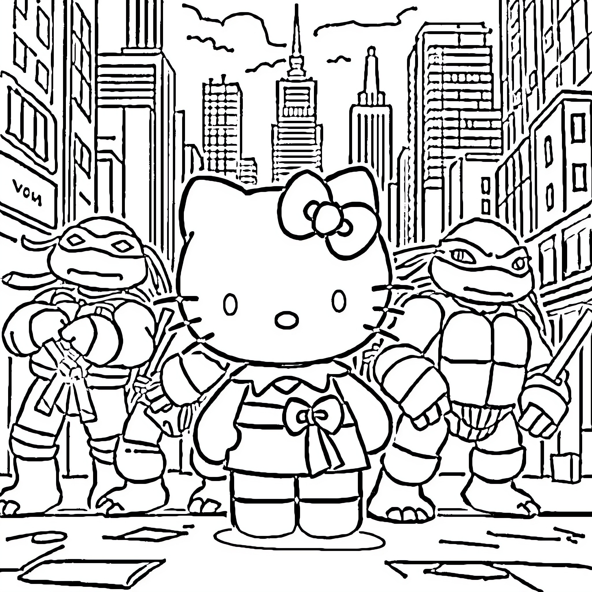 Hello Kitty Explores the City with Ninja Turtles Coloring Page (free black-and-white line drawing printable PDF for all, from beginners to advanced learners, including children, teens, adults, and seniors)