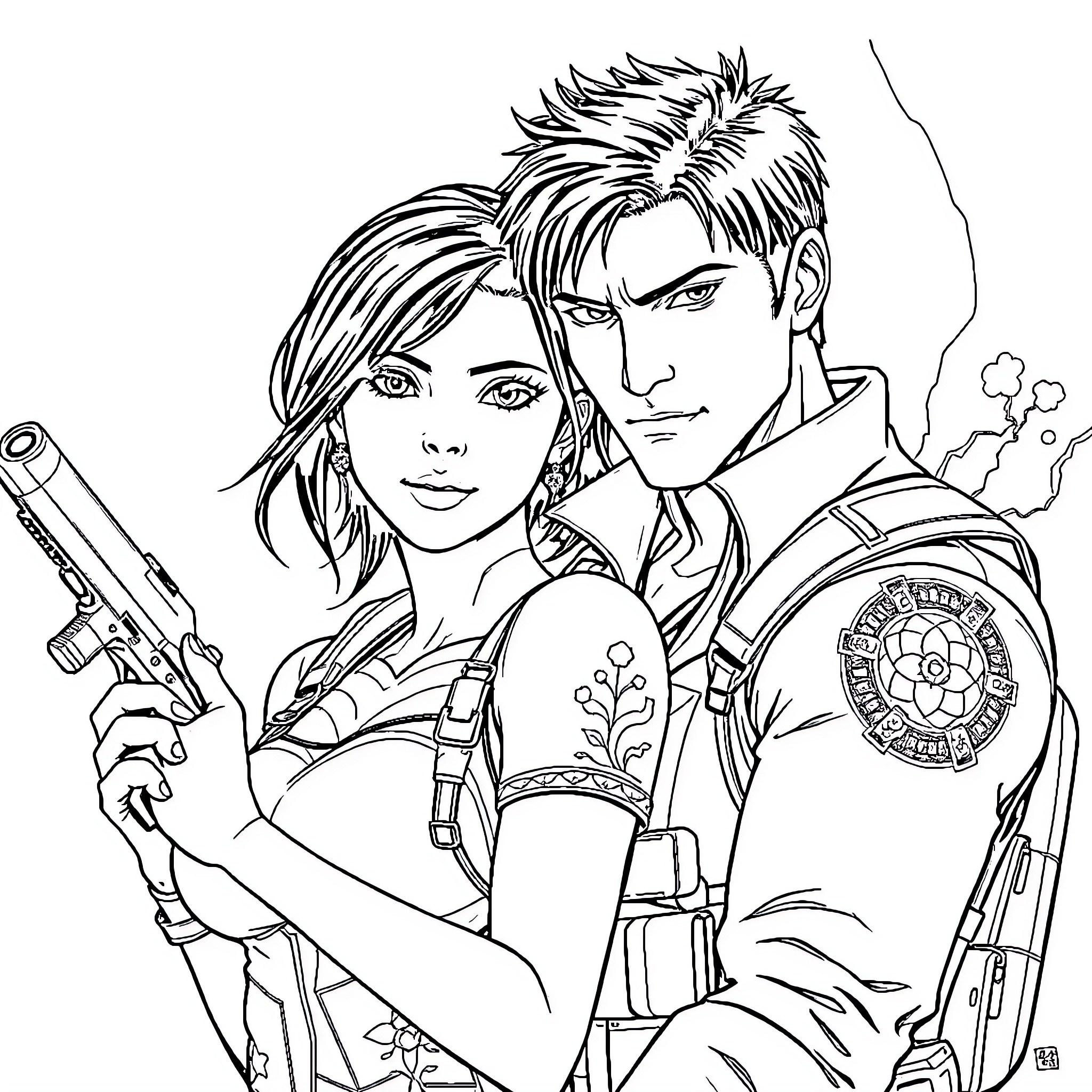 Jill Valentine and Heroic Comrade in Action Coloring Page (free black-and-white line drawing printable PDF for all, from beginners to advanced learners, including children, teens, adults, and seniors)