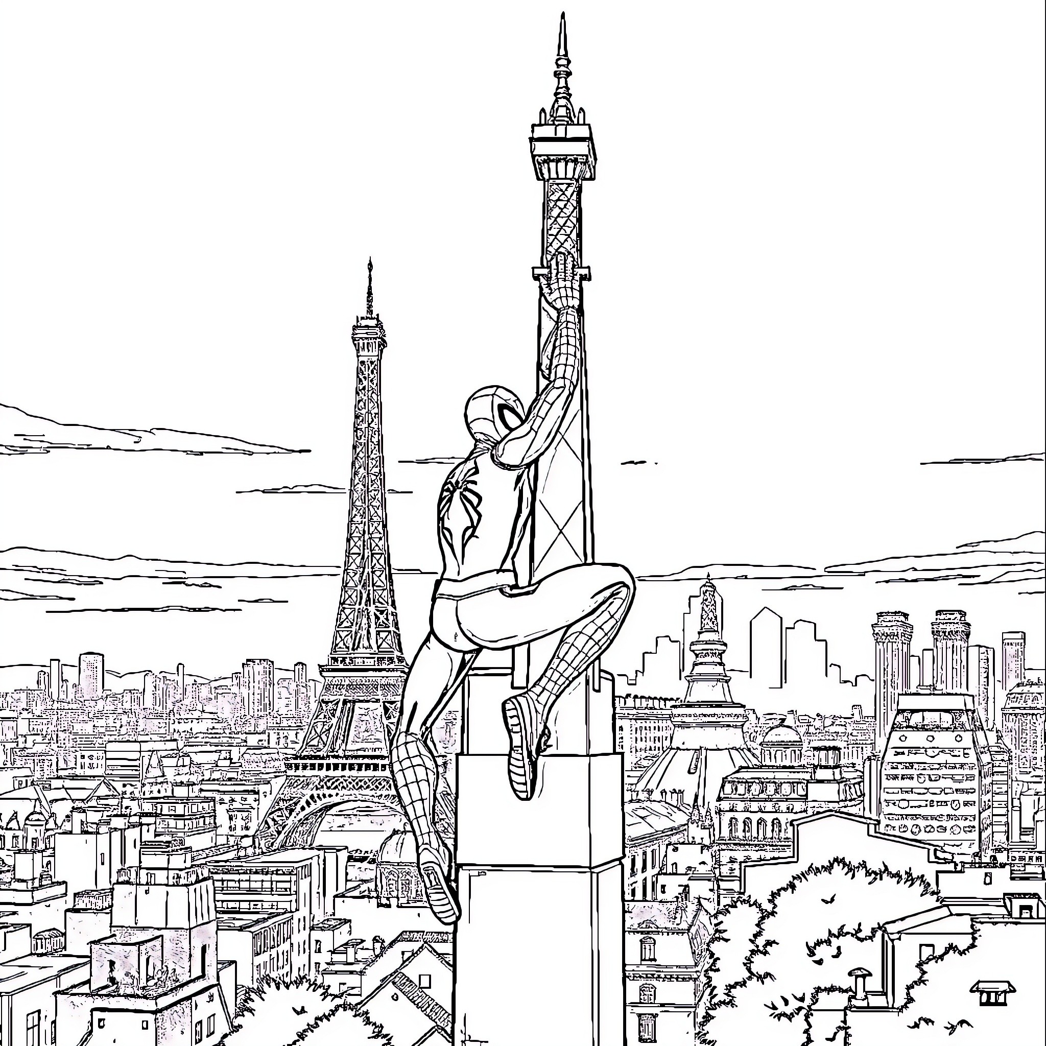 Spider-Man swinging over the iconic Parisian skyline Coloring Page (free black-and-white line drawing printable PDF for all, from beginners to advanced learners, including children, teens, adults, and seniors)