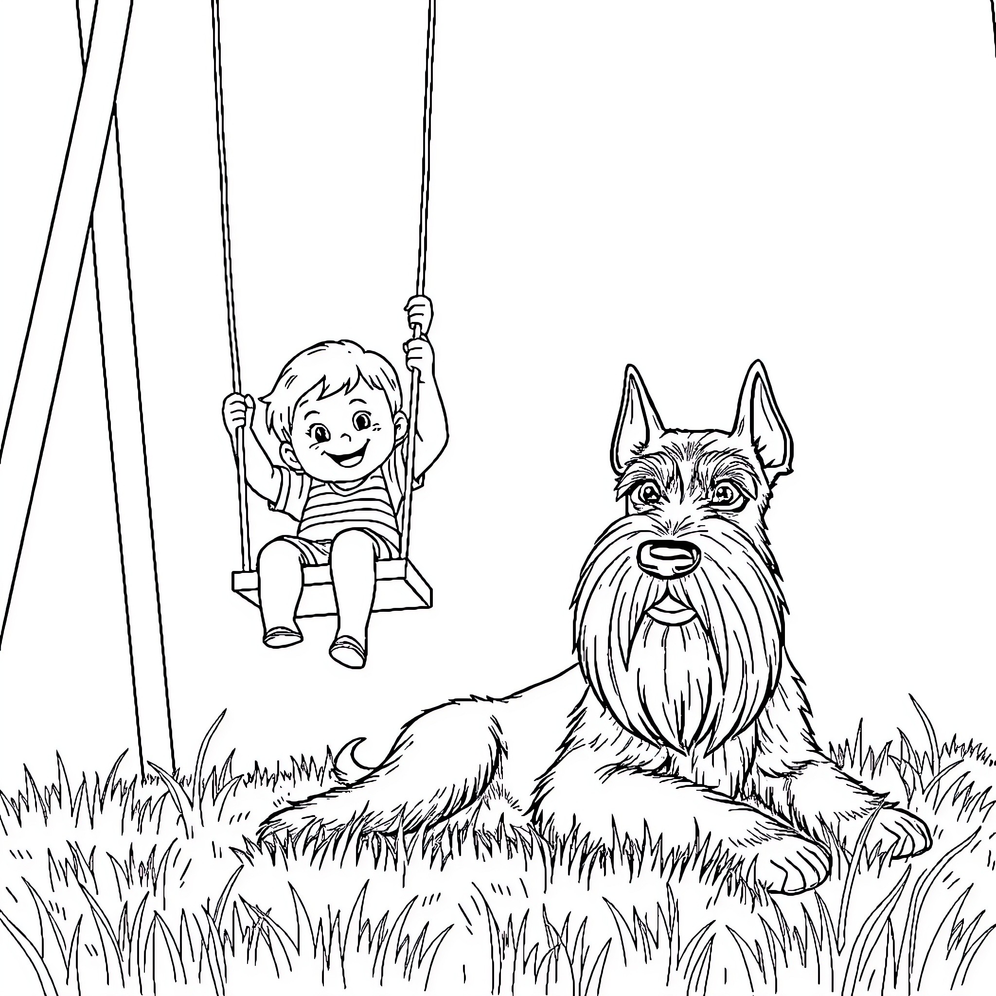 Boy playing happily on swing with dog Coloring Page (free black-and-white line drawing printable PDF for all, from beginners to advanced learners, including children, teens, adults, and seniors)