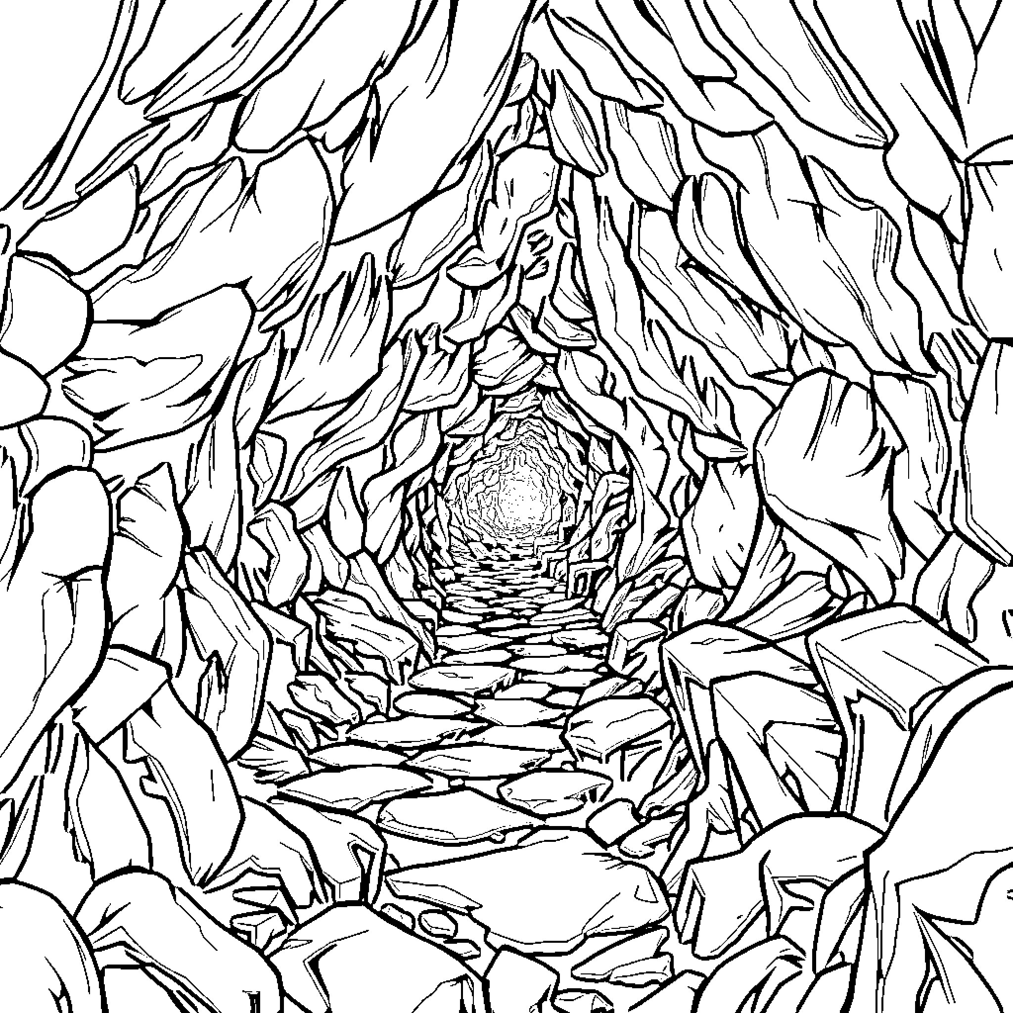 Metroidvania: Mysterious Cavern Exploration Coloring Page (free black-and-white line drawing printable PDF for all, from beginners to advanced learners, including children, teens, adults, and seniors)