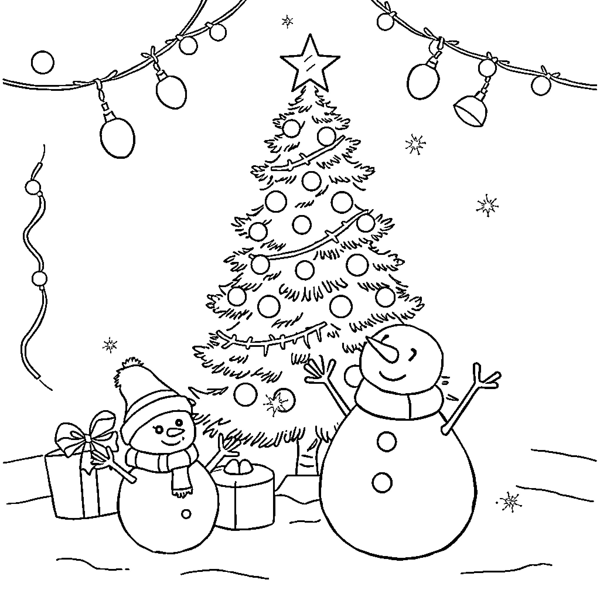 Christmas scene with snowman and decorated tree Coloring Page (free black-and-white line drawing printable PDF for all, from beginners to advanced learners, including children, teens, adults, and seniors)