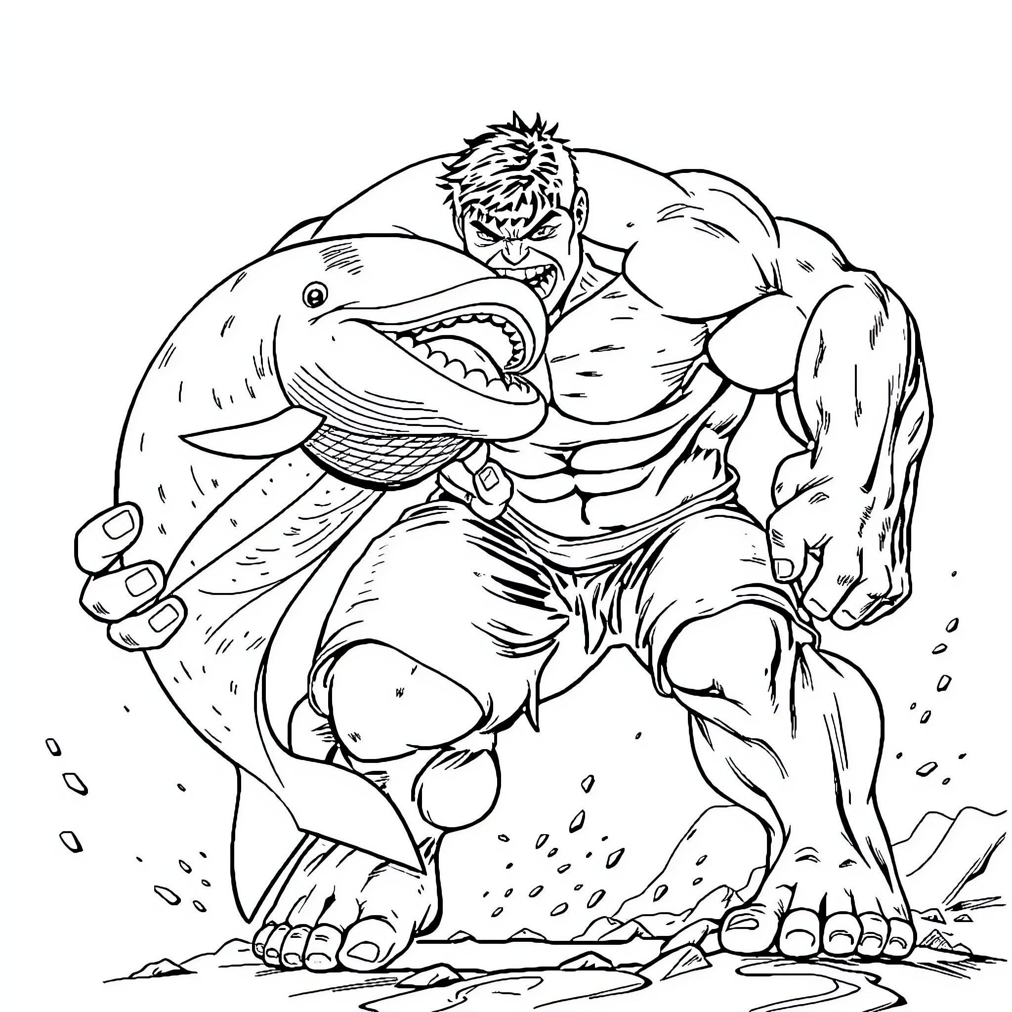 Whale Wrestler Battles Fearsome Aquatic Creature Coloring Page (free black-and-white line drawing printable PDF for all, from beginners to advanced learners, including children, teens, adults, and seniors)